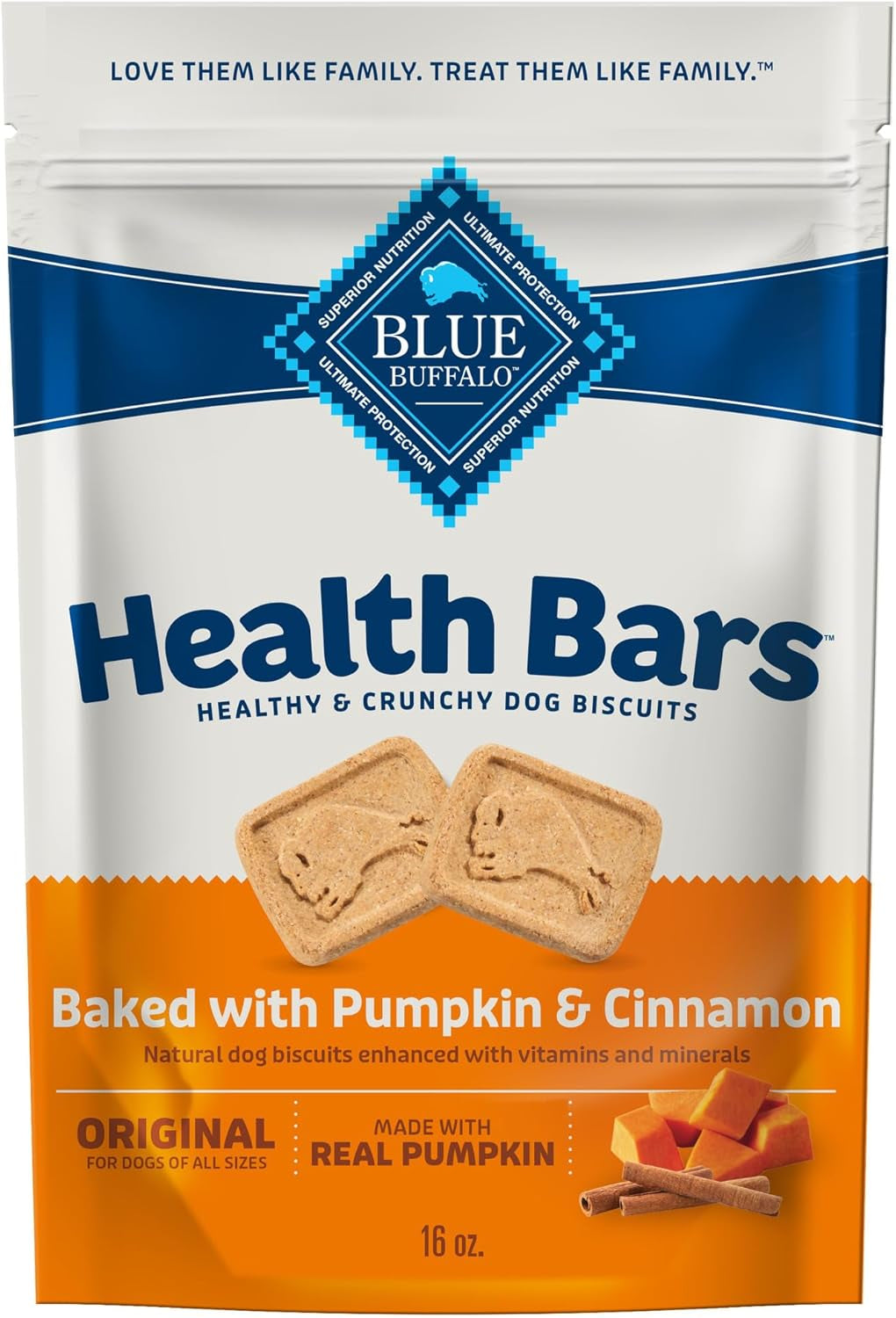Health Bars Crunchy Dog Biscuits, Oven-Baked with Natural Ingredients, Pumpkin & Cinnamon, 16-Oz Bag
