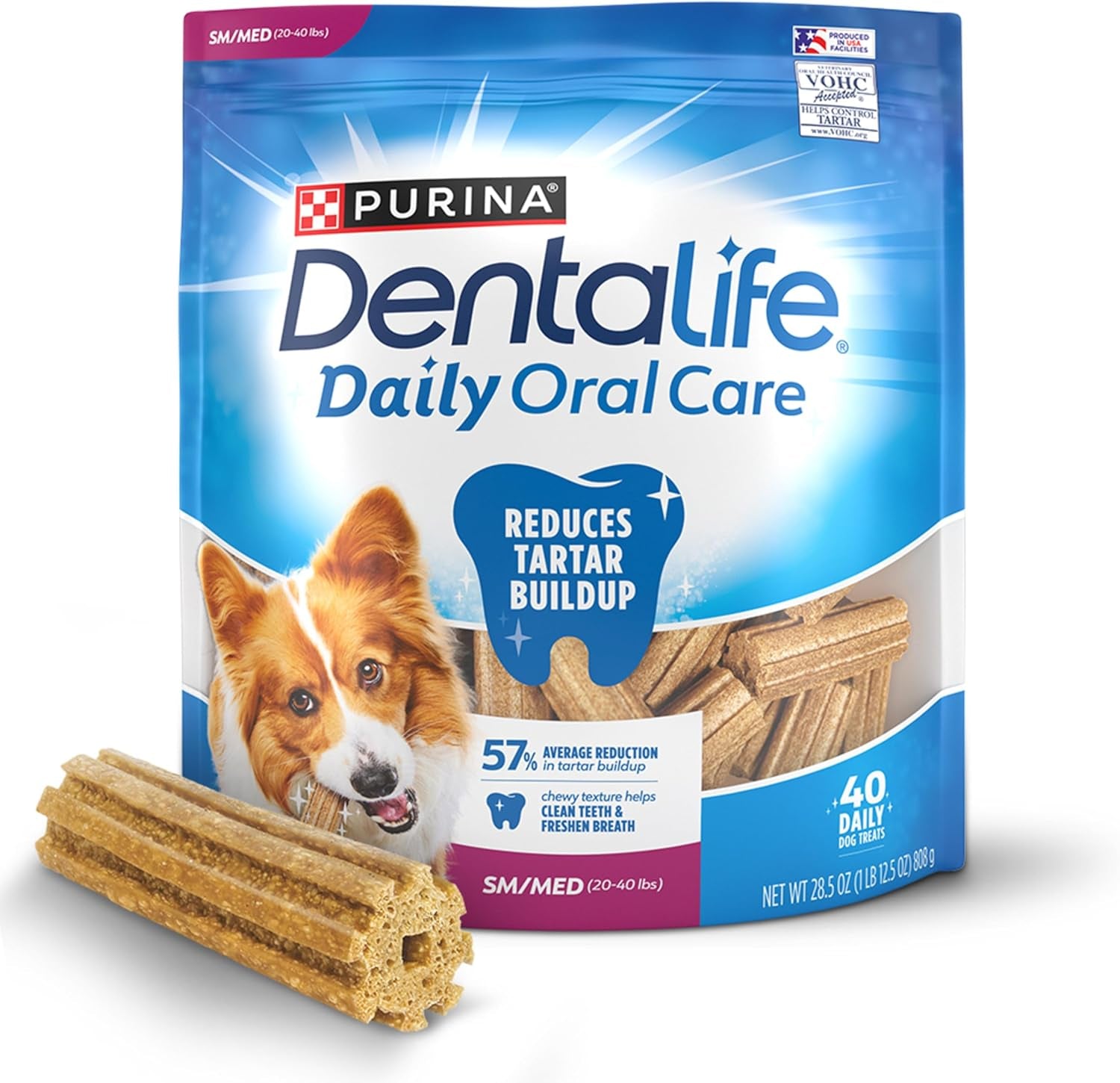 Daily Oral Care Dog Treats for Small and Medium Dogs, Chewy Dental Treat to Freshen Breath and Fight Tartar, Chicken Flavor - 40 Ct. Pouch