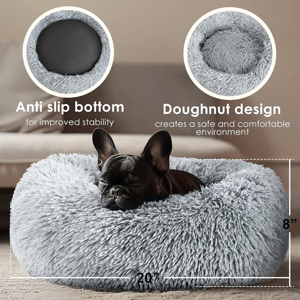 Dog & Cat Bed for Indoor Cats, 20In Calming Donut Bed for Puppy and Kitten, Washable round Fluffy Pet Bed for Small Medium Dogs and Cats (Light Grey)