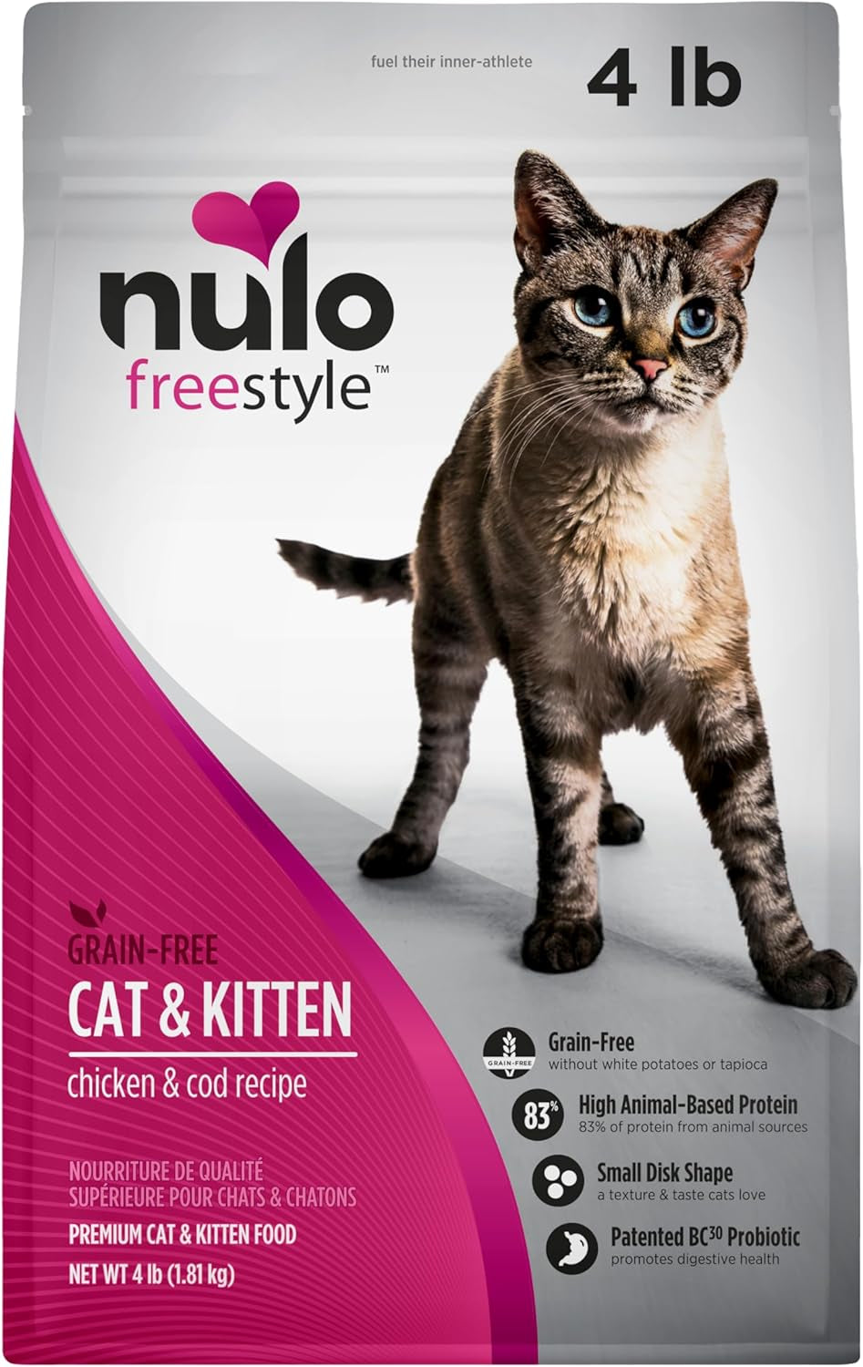 Freestyle High Protein Cat & Kitten Food, Chicken & Cod Recipe - Natural Grain-Free Dry Cat Food with Omega Fatty Acids & Probiotics, 4 Lb Bag