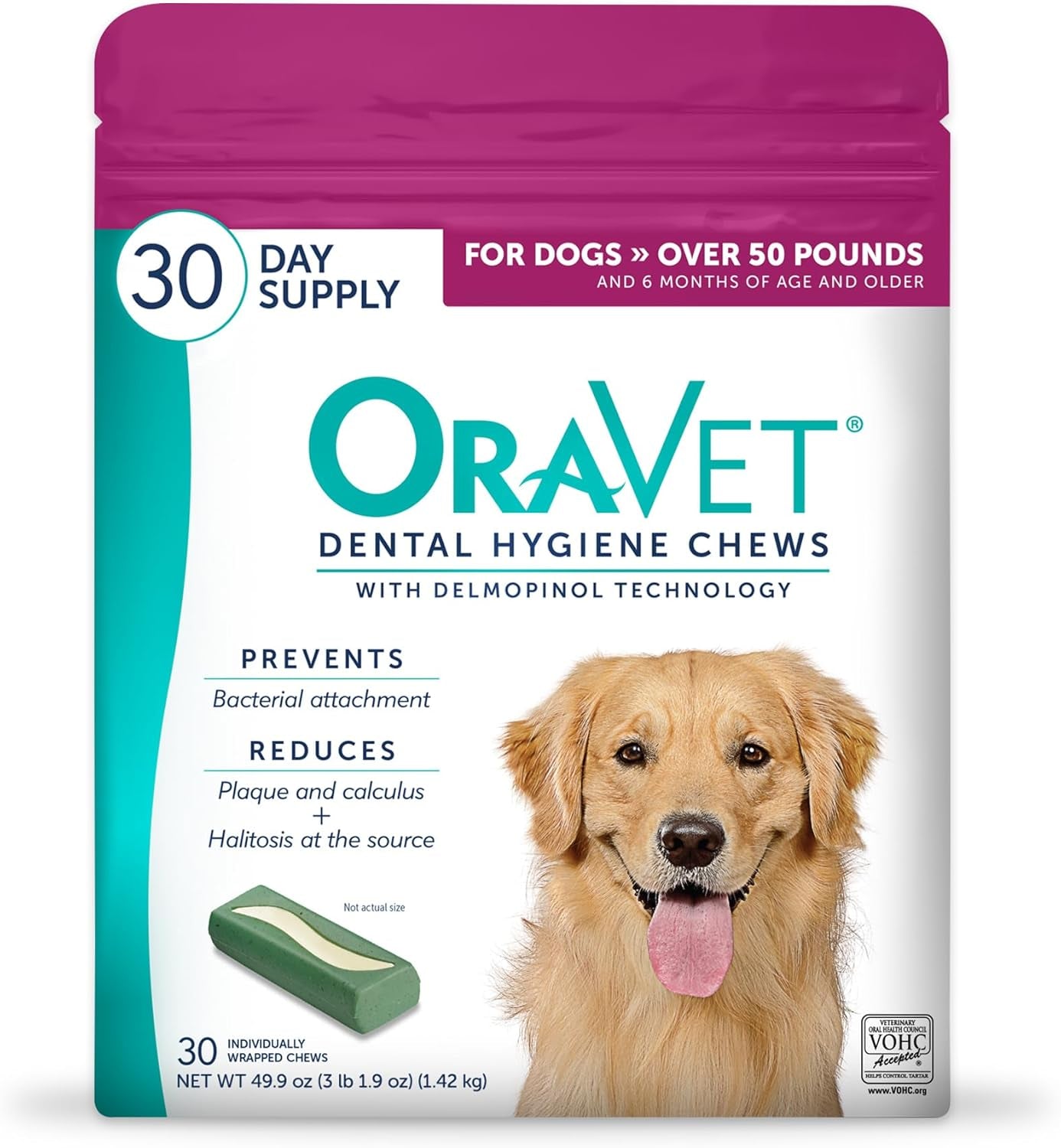 Dental Chews for Dogs, Oral Care and Hygiene Chews (Large Dogs, over 50 Lbs.) Pink Pouch, 30 Count (Pack of 1)