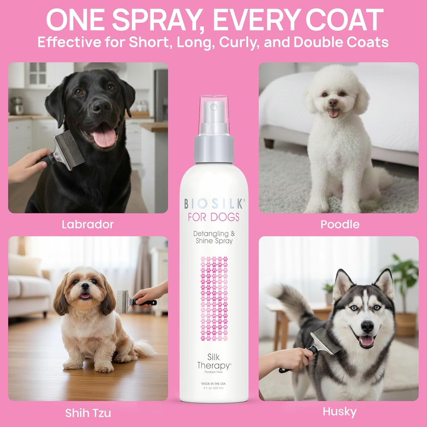 for Dogs Silk Therapy Detangling plus Shine Mist for Dogs | Best Detangling Spray for All Dogs & Puppies for Shiny Coats and Dematting | 8 Oz Bottle (Packaging May Vary)
