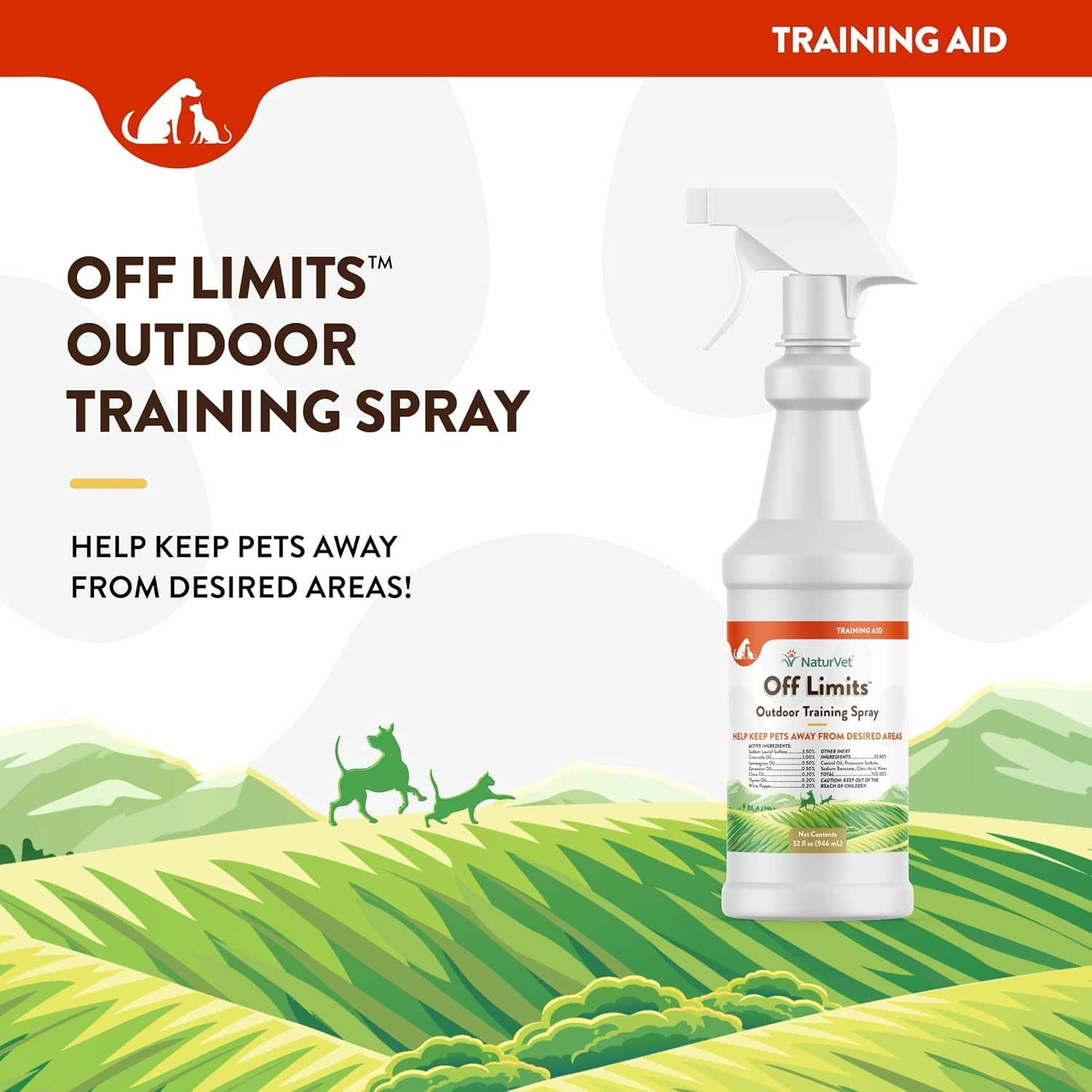 off Limits Pet Training Spray for Dogs & Cats – Deters Pets from Outdoor Areas – Includes Herbal Extracts – Non-Staining Sprays for Training Pets – 32 Fl. Oz.