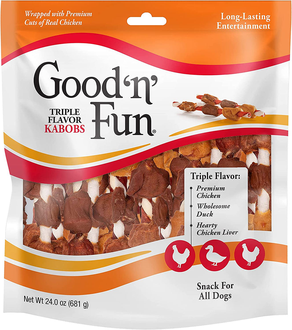 Good ‘N’ Fun Triple Flavor Kabobs Chews for All Dogs, 24 Ounces, Treat Your Dog to Chews Made from Beef Hide, Real Chicken, Pork Hide, Duck and Chicken Liver