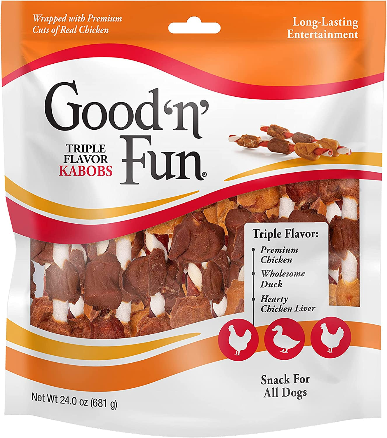 Good ‘N’ Fun Triple Flavor Kabobs Chews for All Dogs, 24 Ounces, Treat Your Dog to Chews Made from Beef Hide, Real Chicken, Pork Hide, Duck and Chicken Liver