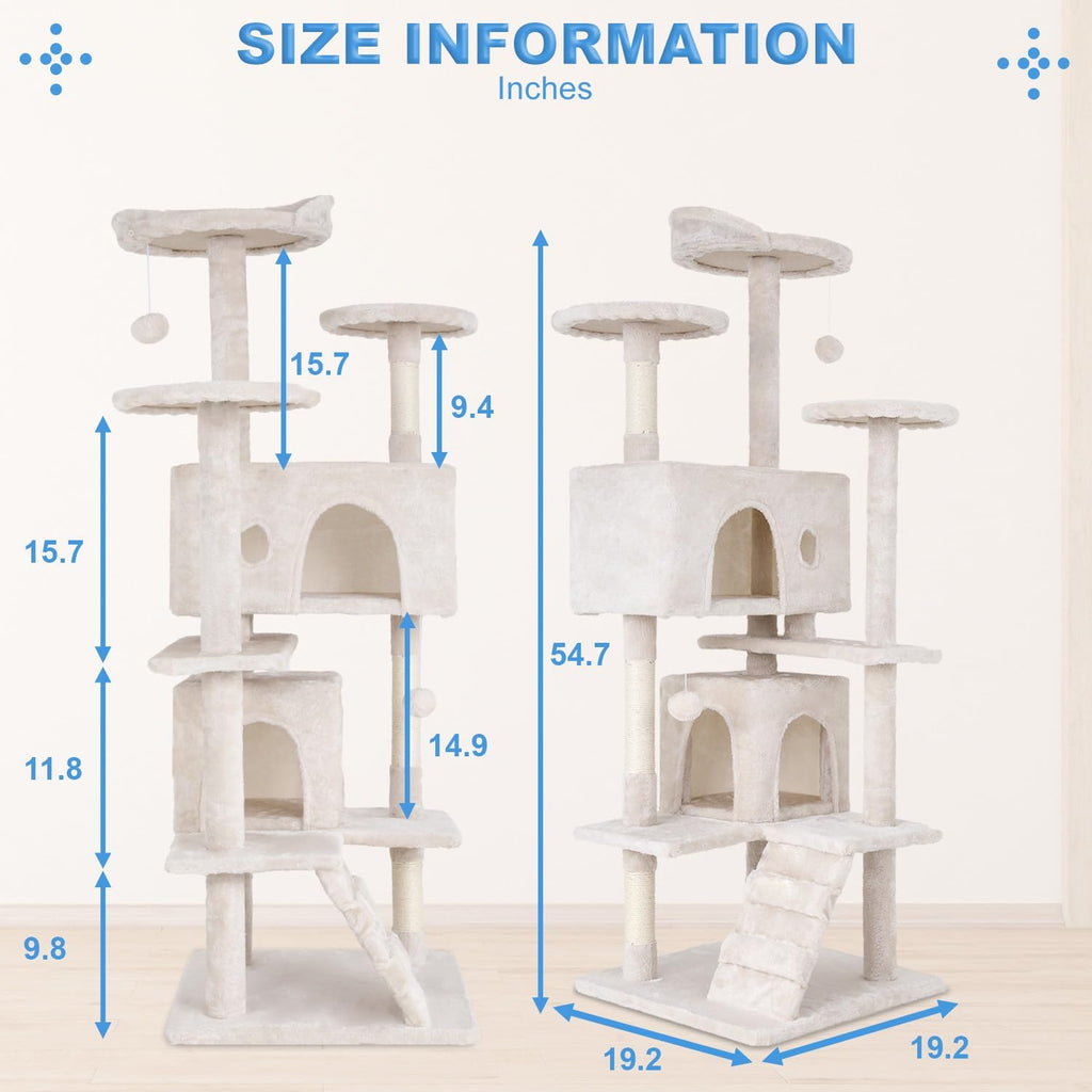 Cat Tree 54In Cat Tower Multi-Level Durable Cat Scratching Post & Cozy Fun Cat Jumping Platform Space Saving , Beige