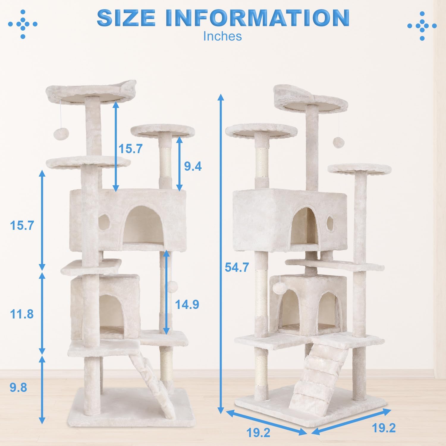 Cat Tree 54In Cat Tower Multi-Level Durable Cat Scratching Post & Cozy Fun Cat Jumping Platform Space Saving , Beige