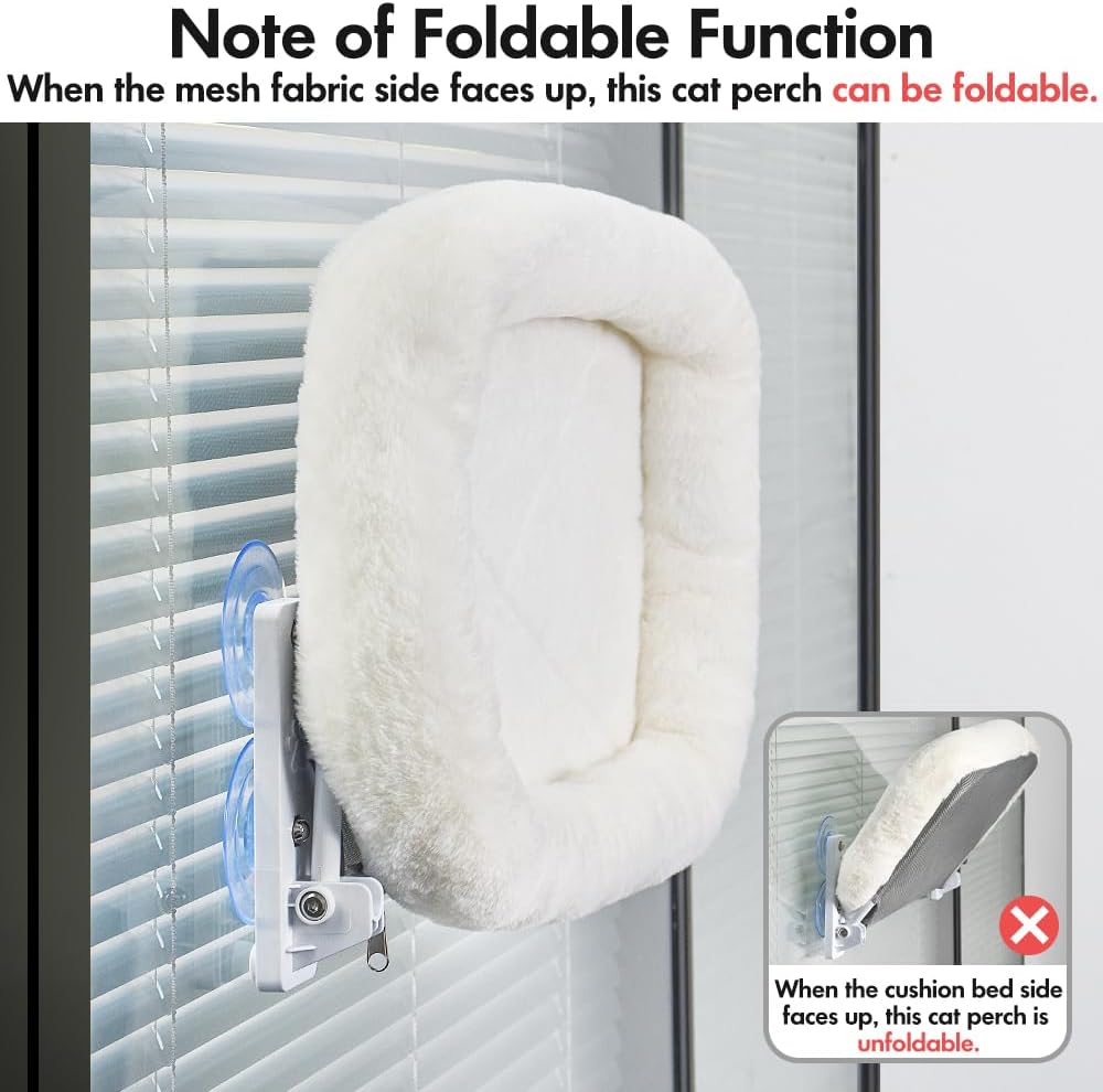 Cordless Cat Window Perch, Window Hammock for Cats with 4 Strong Suction Cups, Solid Metal Frame and Soft Cover, Indoor Cat Bed