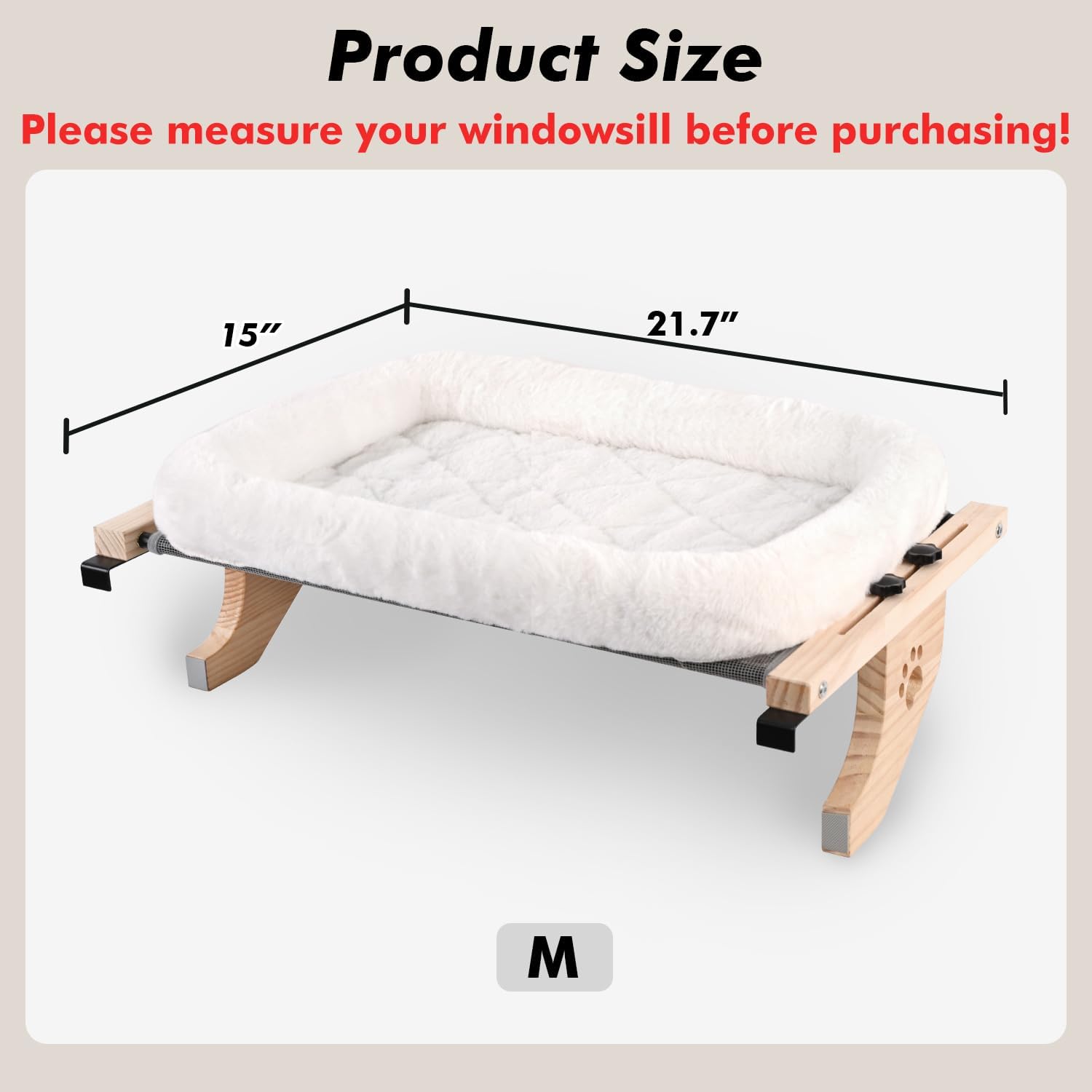 Cat Sill Window Perch Sturdy Hammock Window Seat with Cushion Bed Cover, Wood & Metal Frame for Large Cats