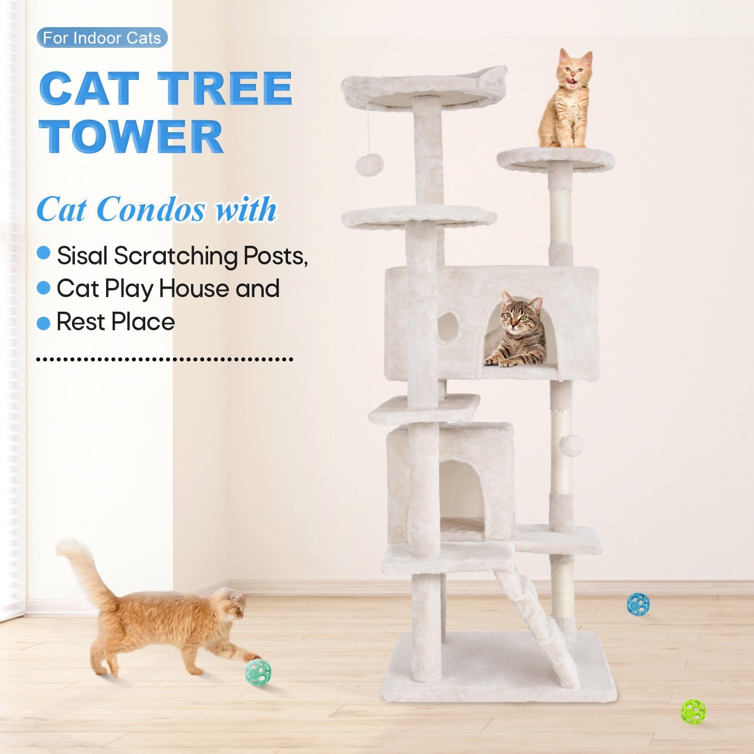Cat Tree 54In Cat Tower Multi-Level Durable Cat Scratching Post & Cozy Fun Cat Jumping Platform Space Saving , Beige
