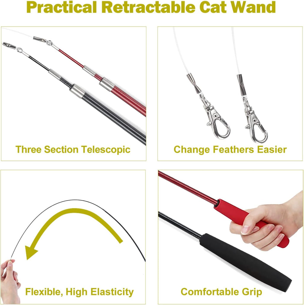Cat Feather Toy, Retractable Cat Toys Wand 2 Wands & 9 Assorted Teaser Refills, Interactive Feather Teaser Wand Toy Bell Kitten Cat Having Fun Exerciser Playing