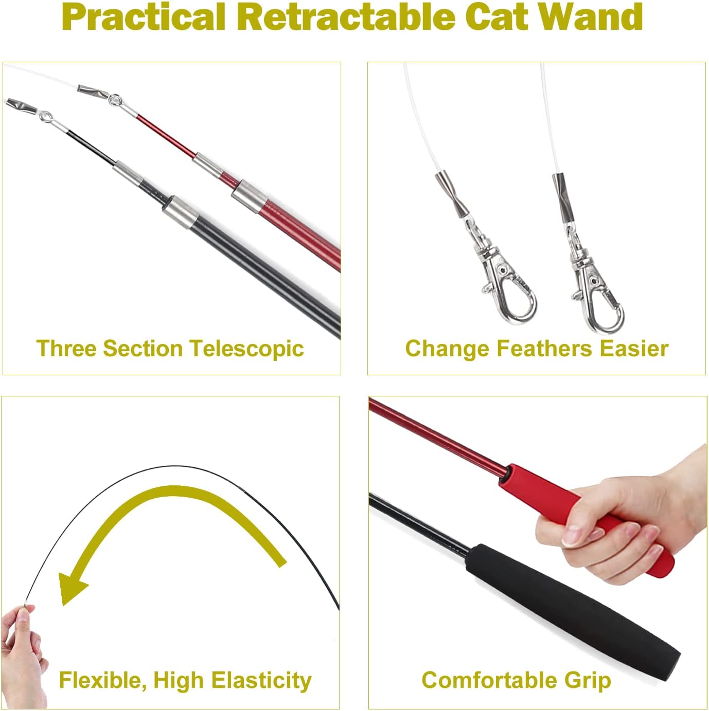 Cat Feather Toy, Retractable Cat Toys Wand 2 Wands & 9 Assorted Teaser Refills, Interactive Feather Teaser Wand Toy Bell Kitten Cat Having Fun Exerciser Playing
