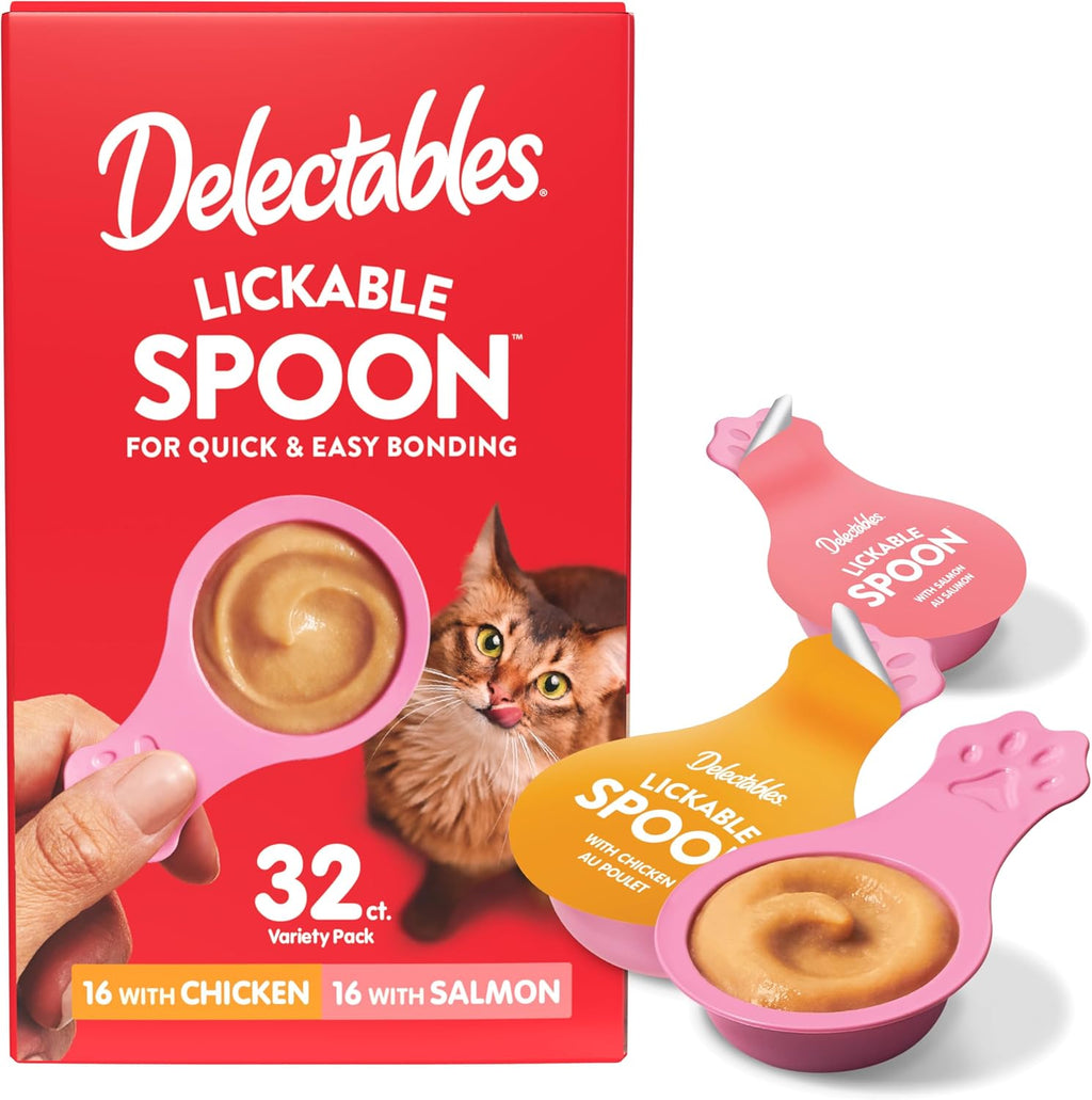 Delectables Lickable Spoon Handheld Wet Cat Treats Made with Real Chicken & Salmon, Quick & Easy Creamy Puree, Mess Free, Grain-Free, No Added Fillers, No By-Products, Variety Pack, 32Ct