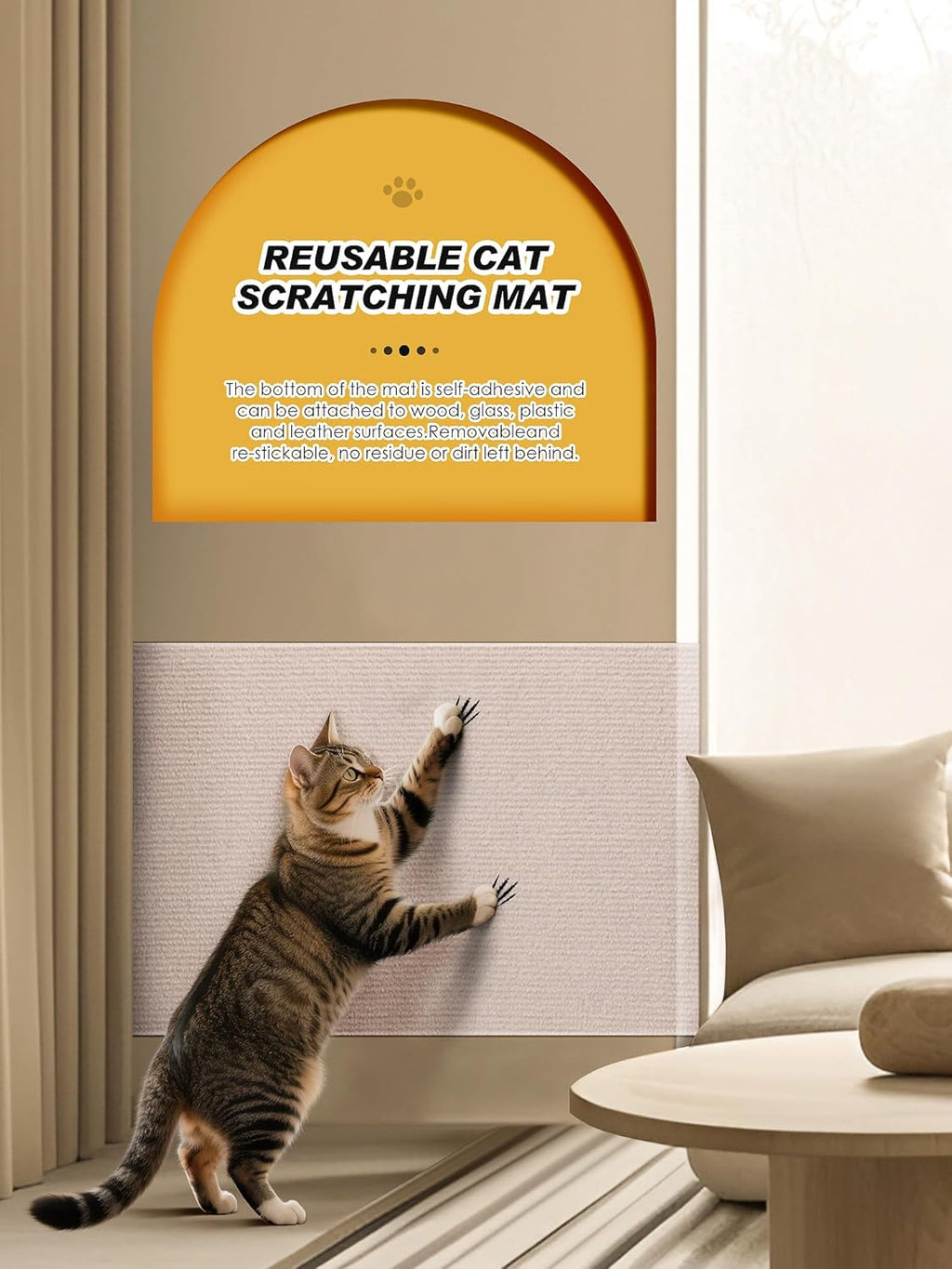 78.7"X15.8" Cat Scratch Mat, Trimmable Self-Adhesive Carpet, DIY Climb Cat Scratcher for Furniture Couch or Wall Protector, (Beige)