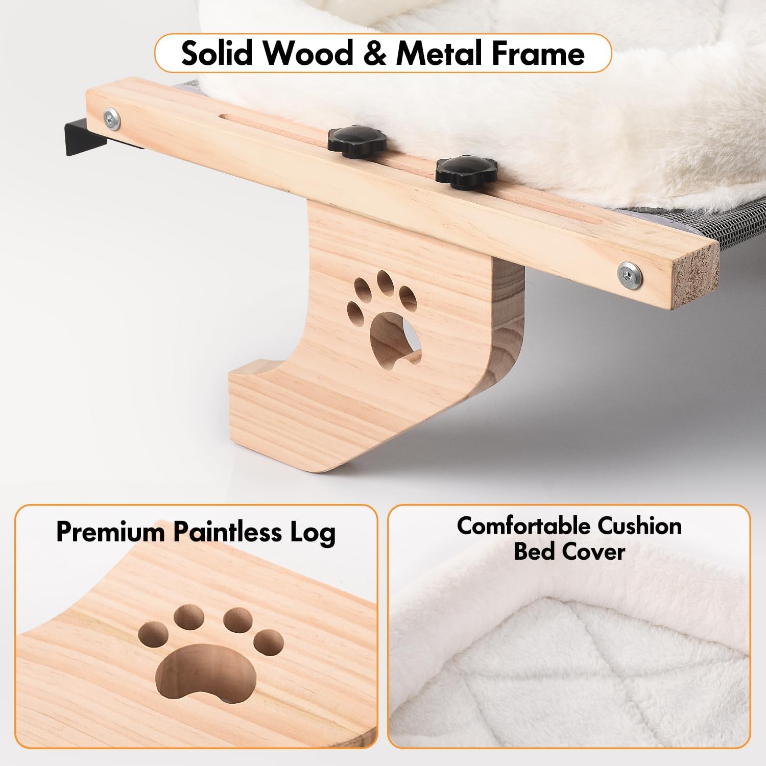 Cat Sill Window Perch Sturdy Hammock Window Seat with Cushion Bed Cover, Wood & Metal Frame for Large Cats