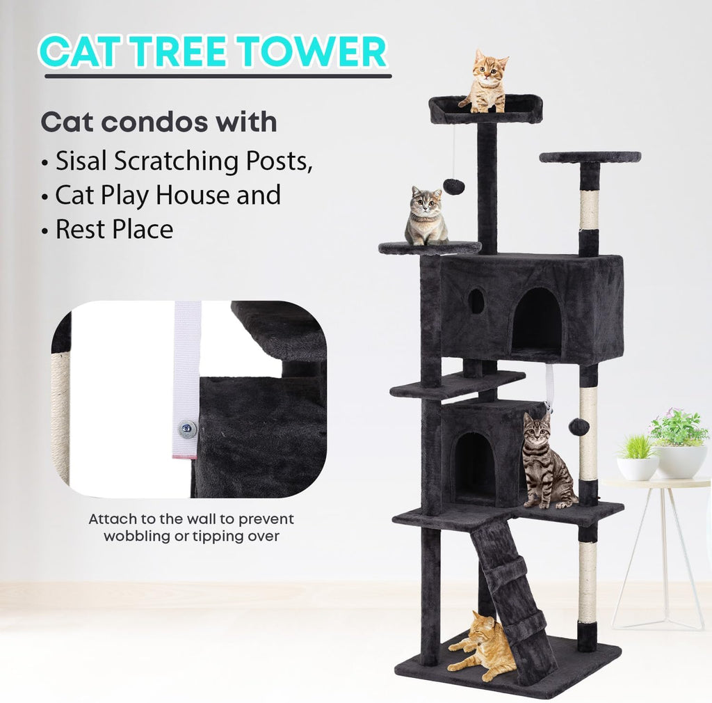 Cat Tree 70In Cat Tower Multi-Level Durable Cat Scratching Post & Cozy Fun Cat Jumping Platform , Dark Gray