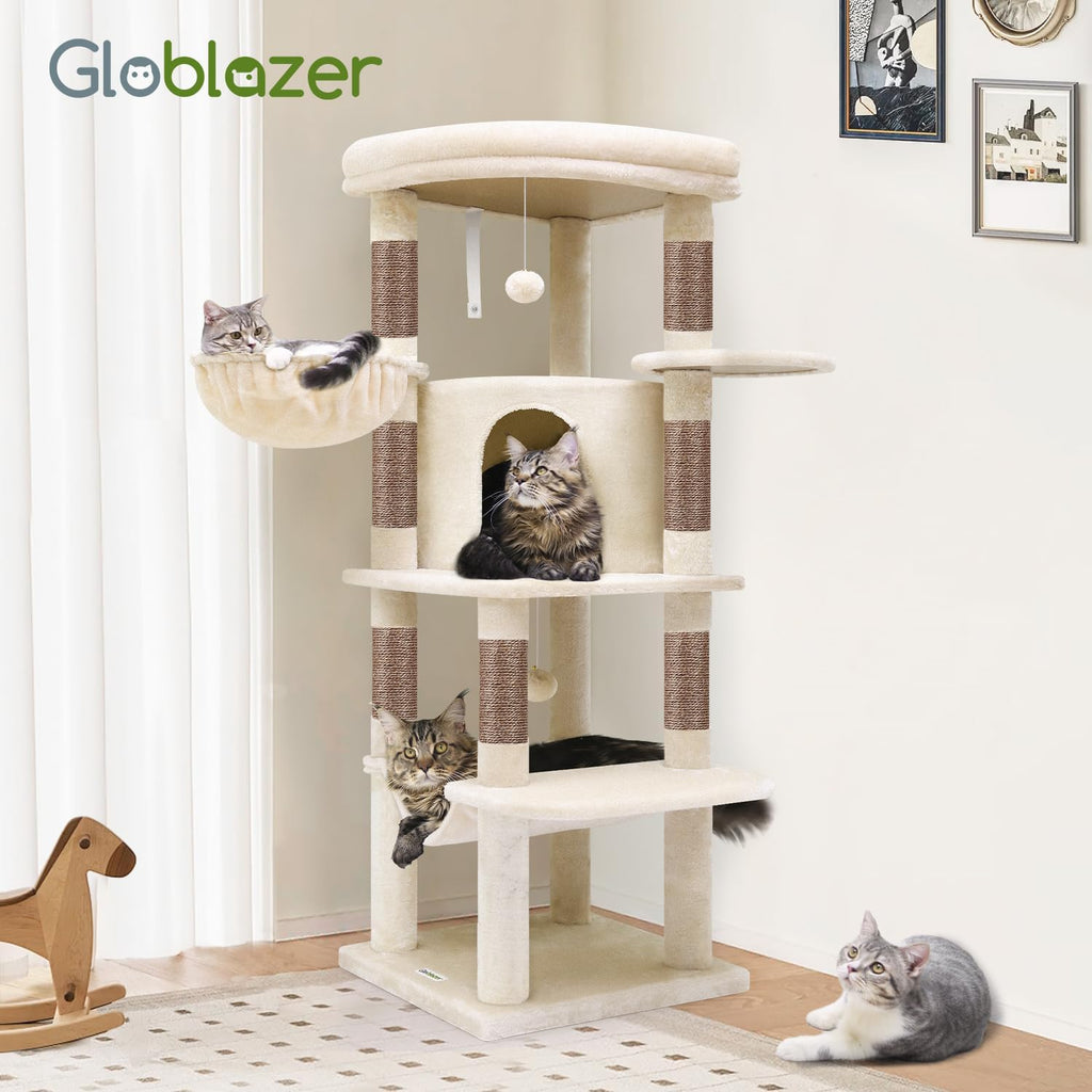 Corner Cat Tree, 51In Curved Series Modern Cat Tower for Indoor Cats with Hammock, 7 Sisal Scratching Posts for Large cats