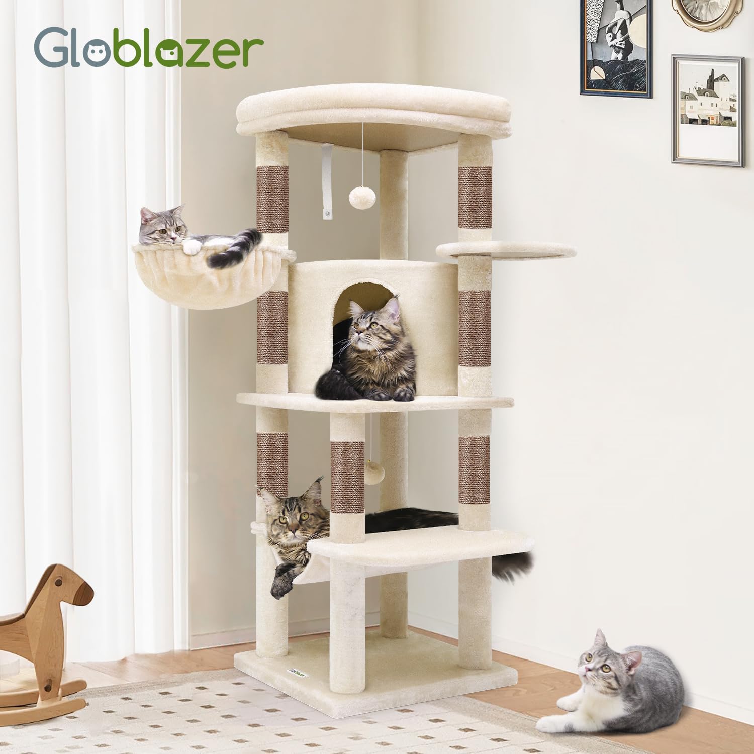 Corner Cat Tree, 51In Curved Series Modern Cat Tower for Indoor Cats with Hammock, 7 Sisal Scratching Posts for Large cats
