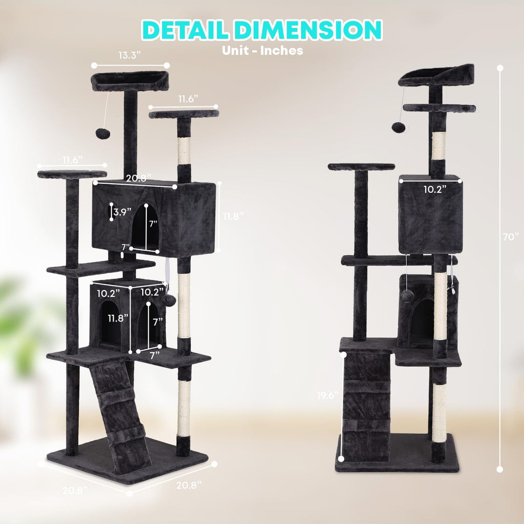 Cat Tree 70In Cat Tower Multi-Level Durable Cat Scratching Post & Cozy Fun Cat Jumping Platform , Dark Gray