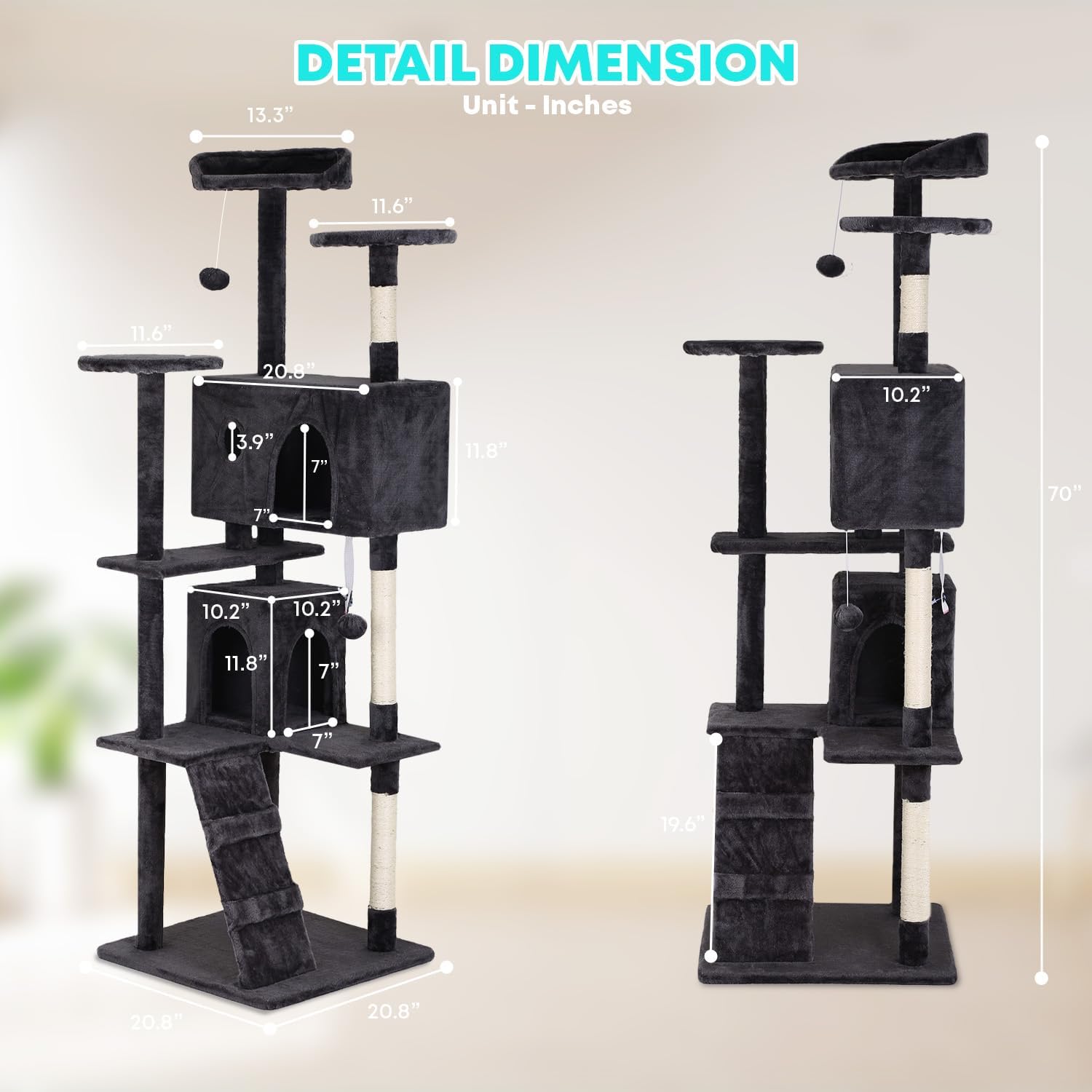 Cat Tree 70In Cat Tower Multi-Level Durable Cat Scratching Post & Cozy Fun Cat Jumping Platform , Dark Gray