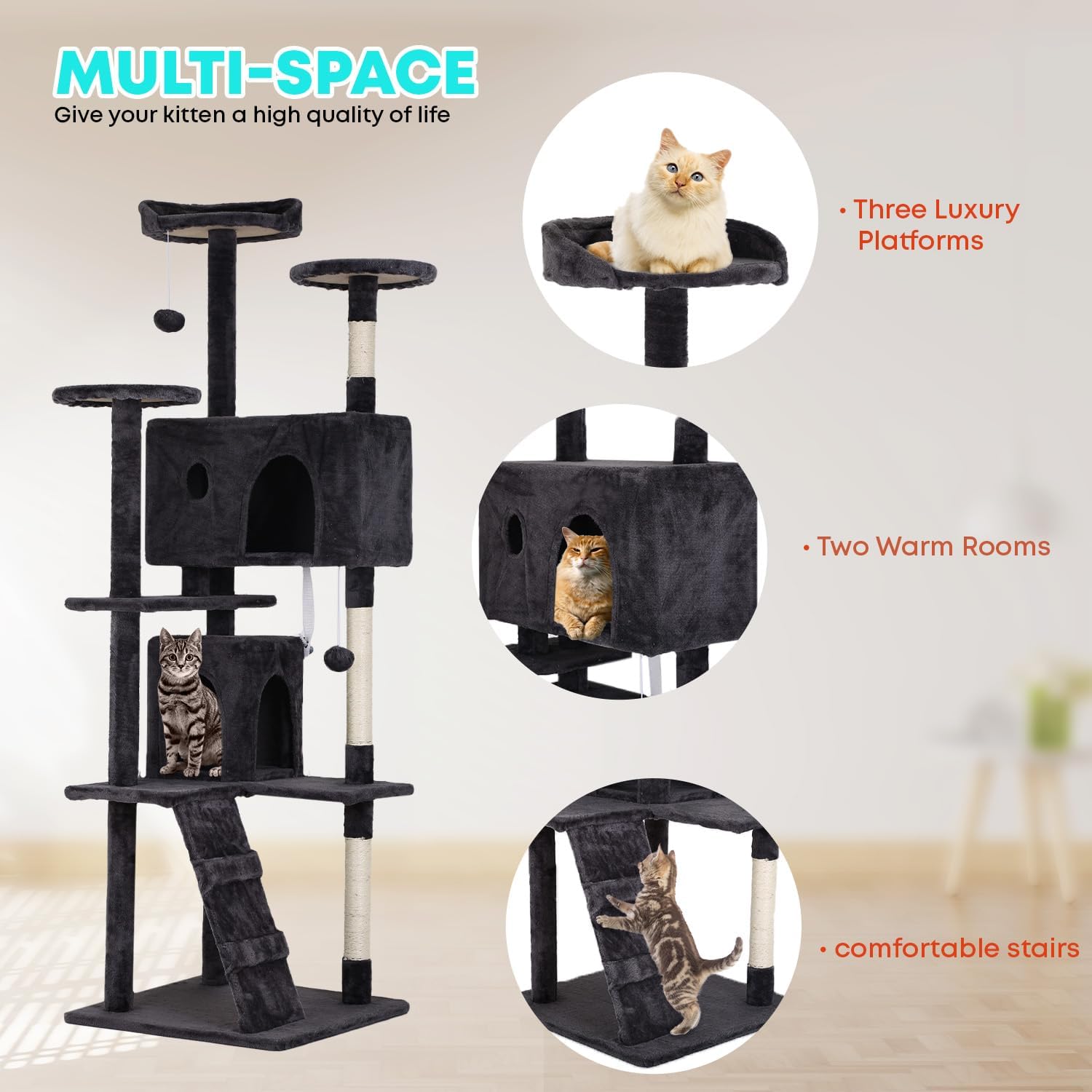 Cat Tree 70In Cat Tower Multi-Level Durable Cat Scratching Post & Cozy Fun Cat Jumping Platform , Dark Gray