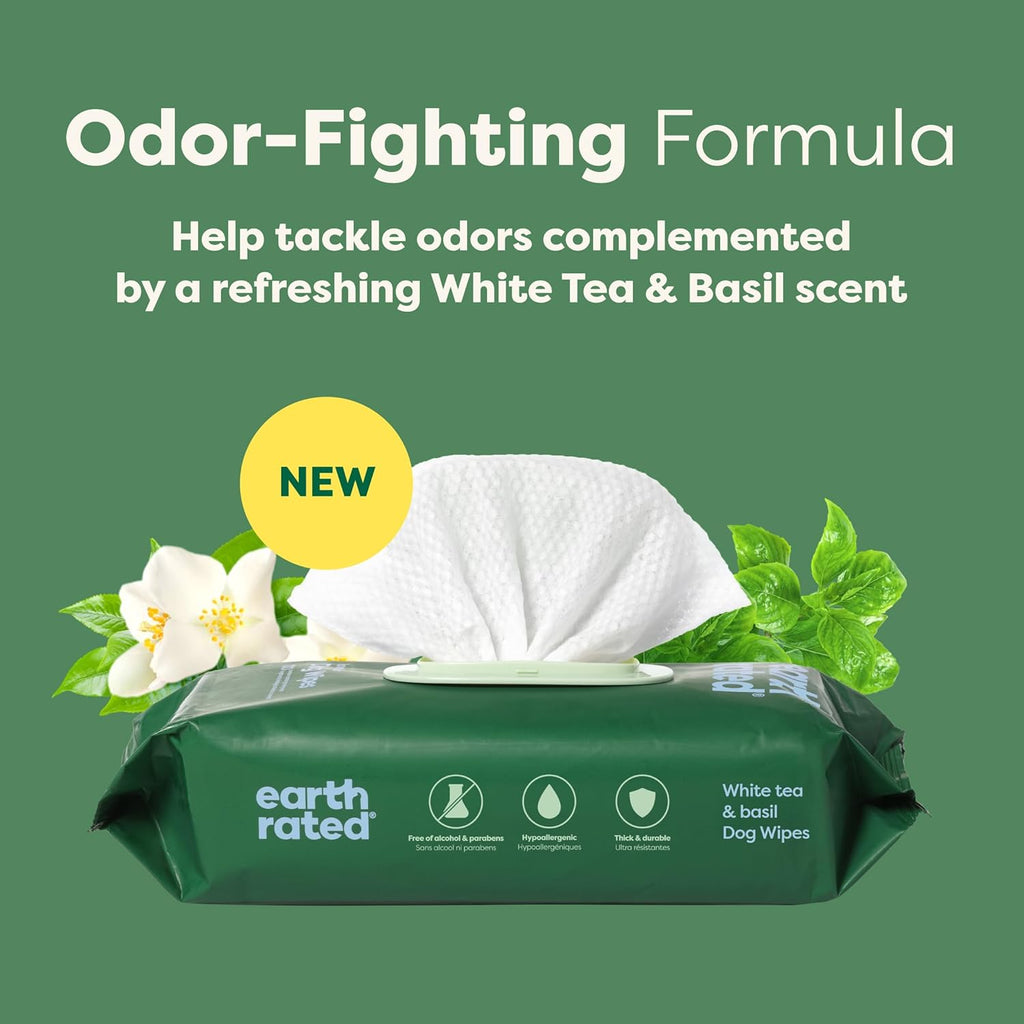 Pet Wipes for Dogs and Cats, Hypoallergenic, 3-In-1 Cleaning, Deodorizing and Hydrating, for Grooming Paws, Body and Butt, New White Tea and Basil Scent, 400 Count