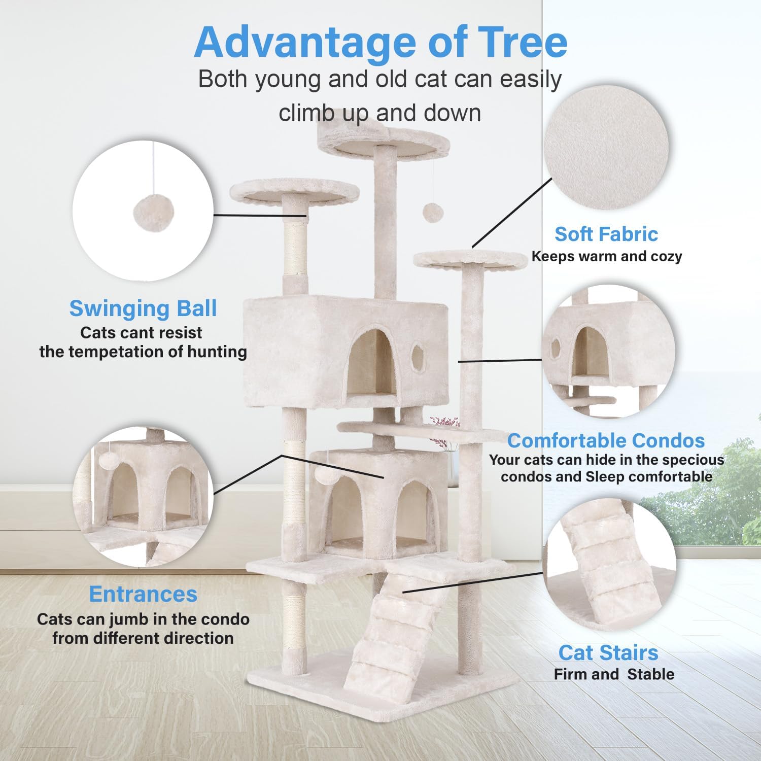 Cat Tree 54In Cat Tower Multi-Level Durable Cat Scratching Post & Cozy Fun Cat Jumping Platform Space Saving , Beige