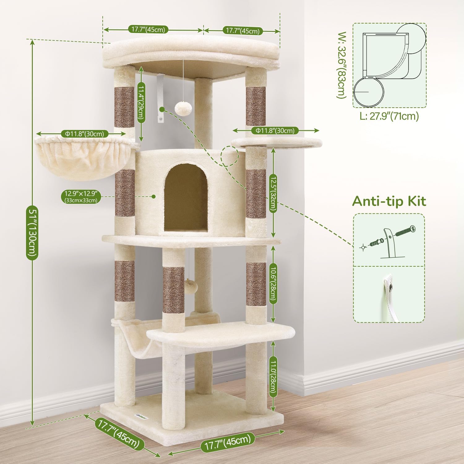 Corner Cat Tree, 51In Curved Series Modern Cat Tower for Indoor Cats with Hammock, 7 Sisal Scratching Posts for Large cats