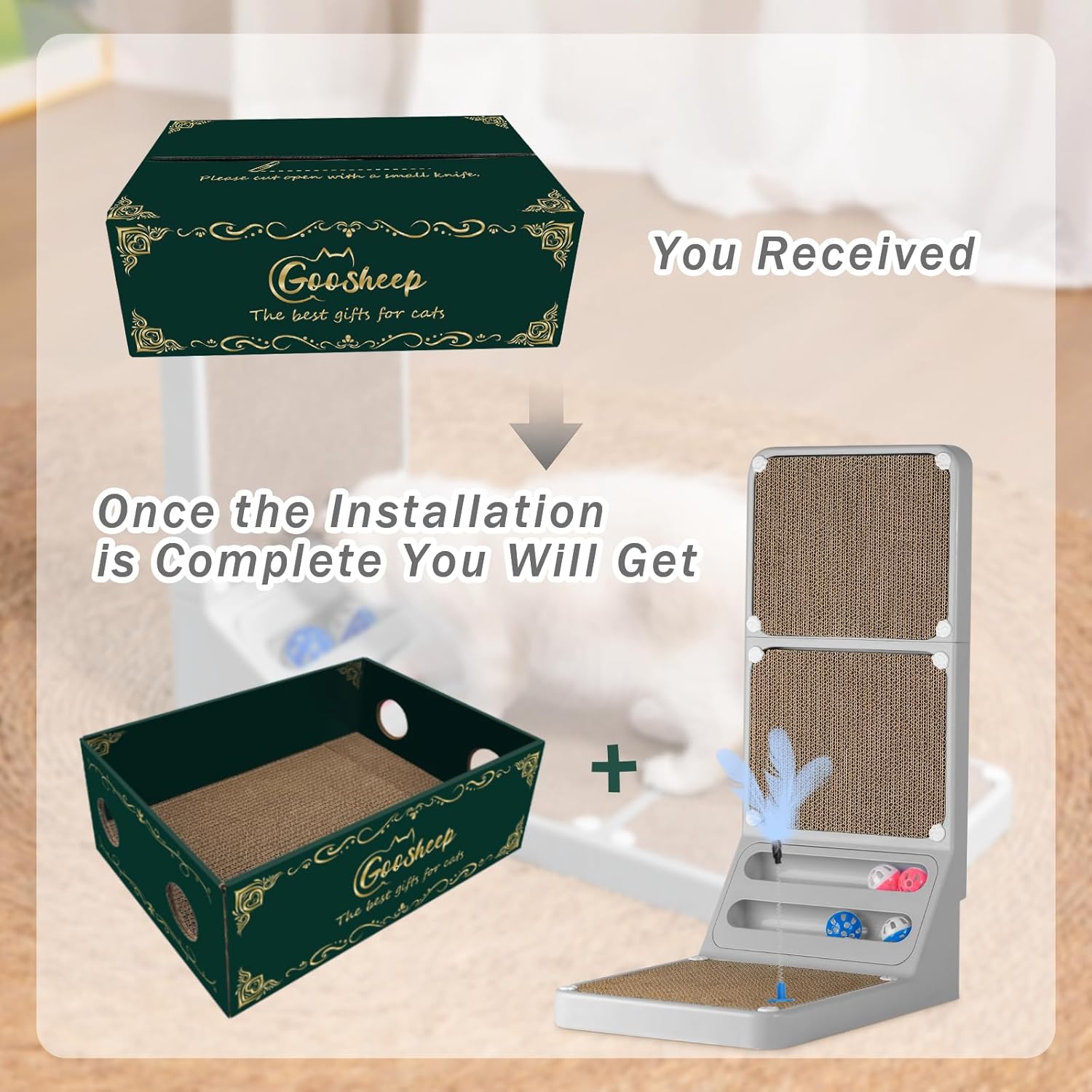 Cat Scratching Post Cat Scratching Board,2-In1 L Shaped Cats Cardboard Scratcher with Box, Kitten, Pad for Indoor Cats Grey