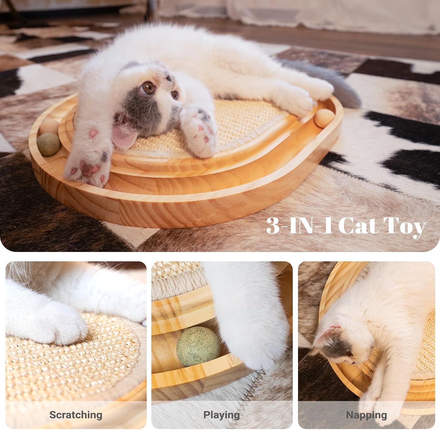 Sisal Cat Scratcher Toy with Ball Track Wooden Interactive Cat Toy for Indoor Cats Scratch Pad, for Kitty and Medium Cat