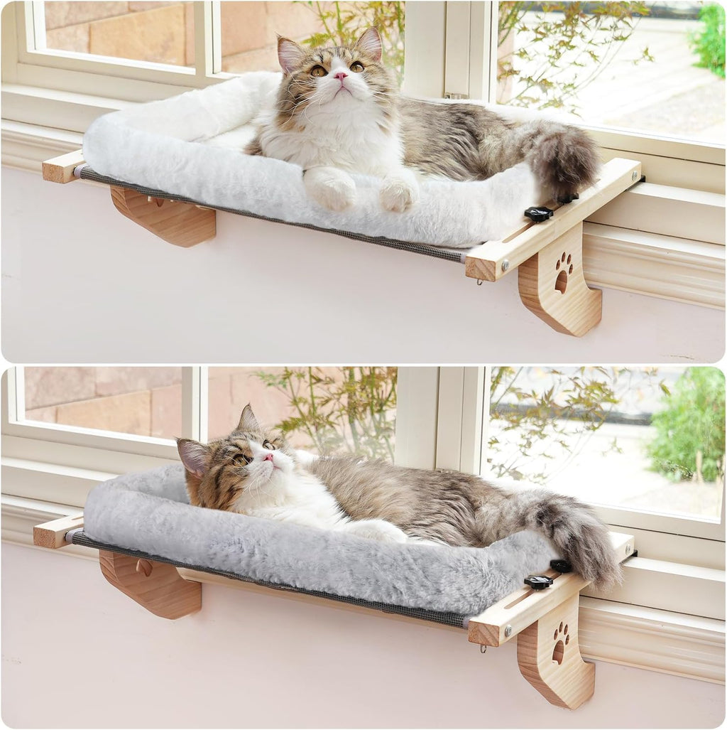 Cat Sill Window Perch Sturdy Hammock Window Seat with Cushion Bed Cover, Wood & Metal Frame for Large Cats