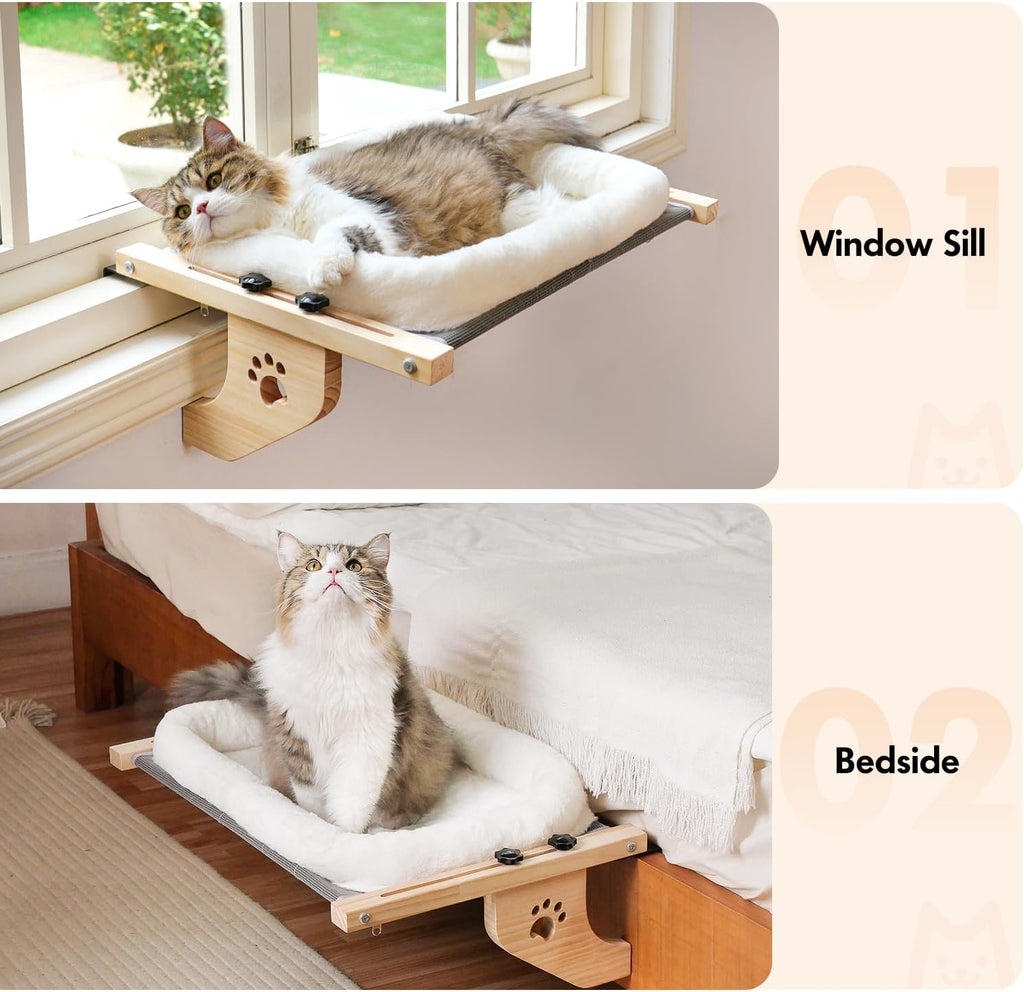 Cat Sill Window Perch Sturdy Hammock Window Seat with Cushion Bed Cover, Wood & Metal Frame for Large Cats