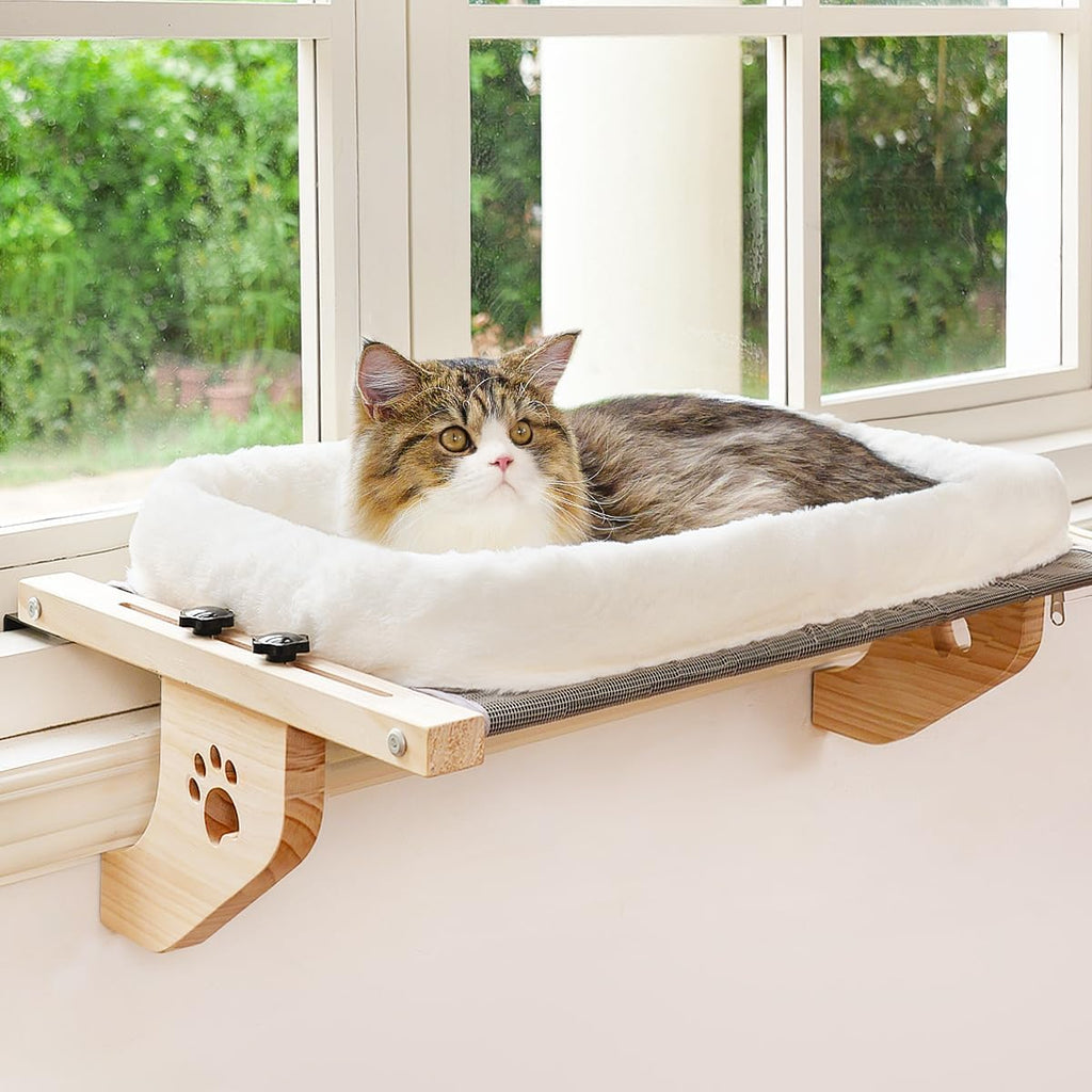 Cat Sill Window Perch Sturdy Hammock Window Seat with Cushion Bed Cover, Wood & Metal Frame for Large Cats