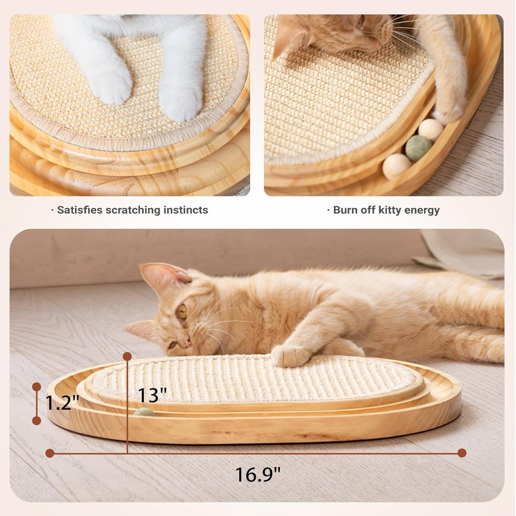 Sisal Cat Scratcher Toy with Ball Track Wooden Interactive Cat Toy for Indoor Cats Scratch Pad, for Kitty and Medium Cat