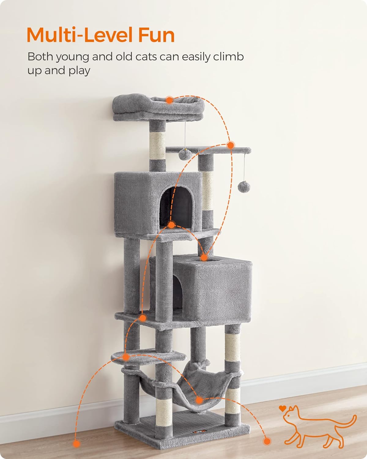 Cat Tree, 61-Inch Cat Tower for Indoor Cats, Plush Multi-Level Cat Condo with 5 Scratching Posts, 2 Perches, 2 Caves, Hammock, Light Gray