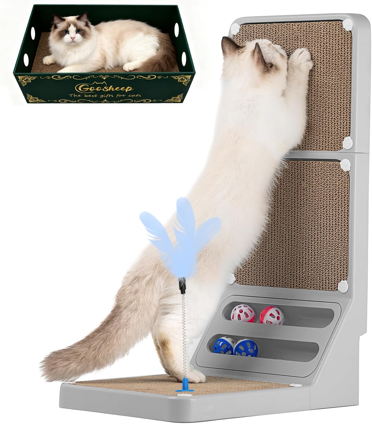 Cat Scratching Post Cat Scratching Board,2-In1 L Shaped Cats Cardboard Scratcher with Box, Kitten, Pad for Indoor Cats Grey