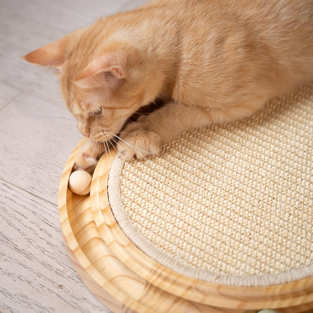 Sisal Cat Scratcher Toy with Ball Track Wooden Interactive Cat Toy for Indoor Cats Scratch Pad, for Kitty and Medium Cat