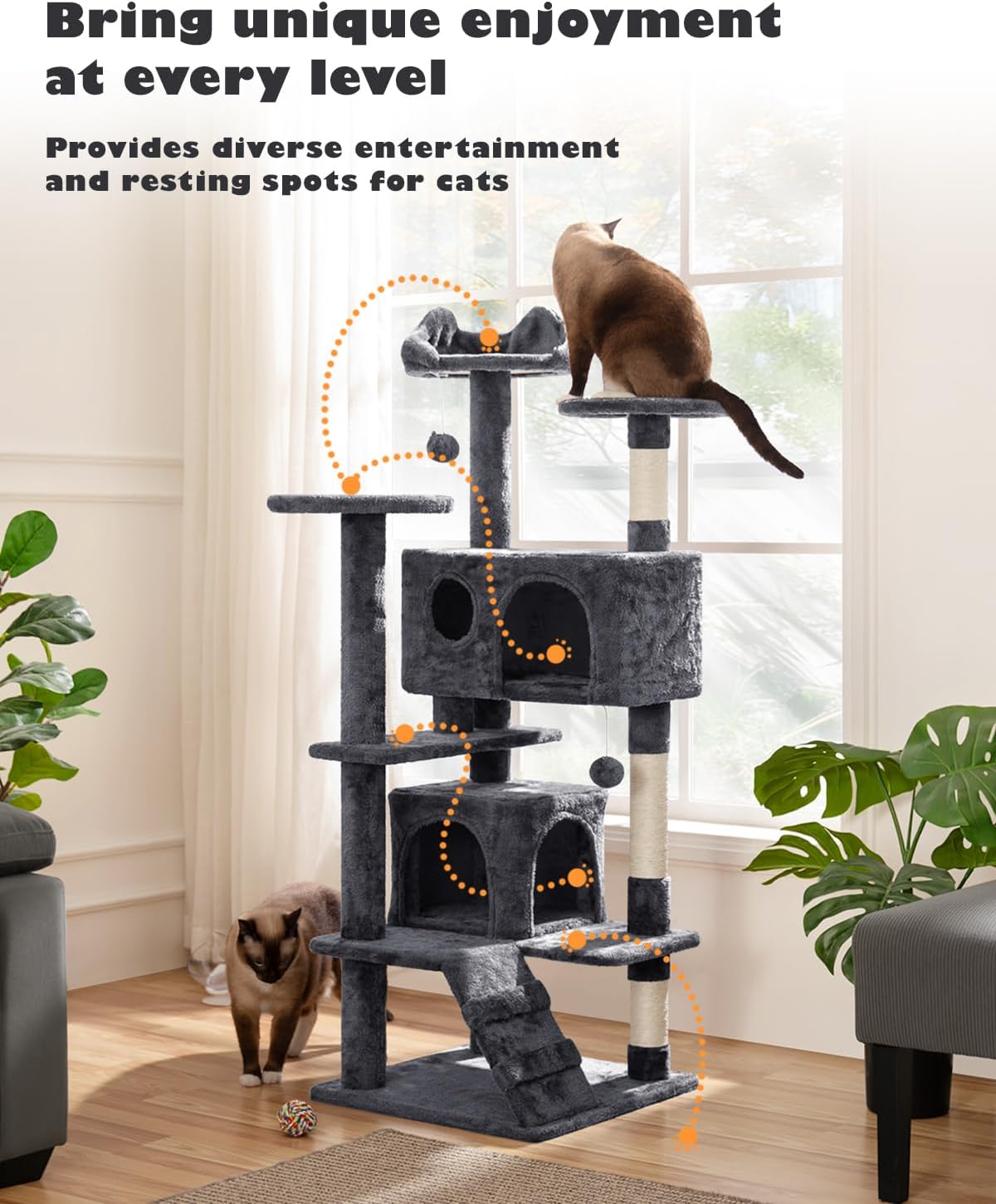  Gray 54In Cat Tree, Multi-Level Cat Tower with Spacious Kitten-Ear Perch, Scratching Posts, Climbing Ladder.
