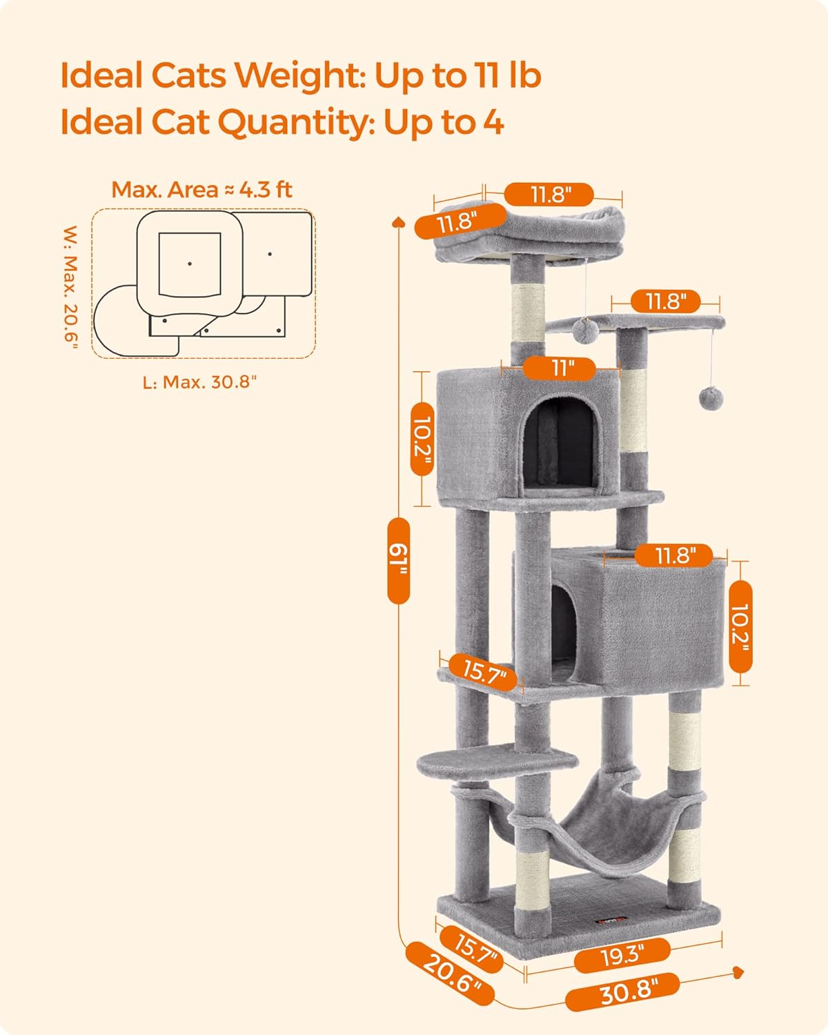 Cat Tree, 61-Inch Cat Tower for Indoor Cats, Plush Multi-Level Cat Condo with 5 Scratching Posts, 2 Perches, 2 Caves, Hammock, Light Gray