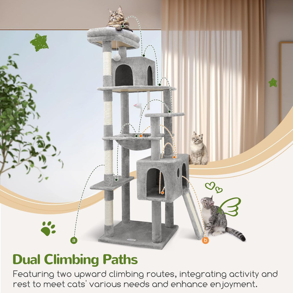 Heavy Duty Cat Tree, 70 Inch Sturdy Cat Tree for Indoor Cats Extra Large Cat Tower with Scratching Post, Light Grey