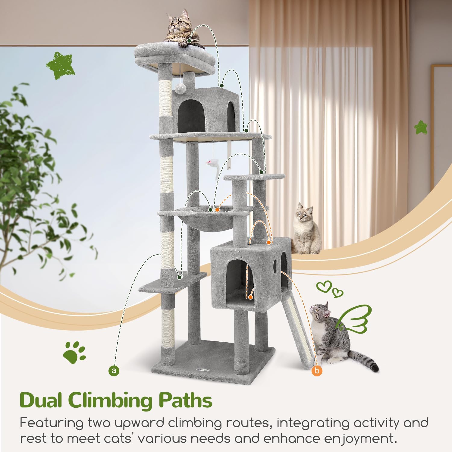 Heavy Duty Cat Tree, 70 Inch Sturdy Cat Tree for Indoor Cats Extra Large Cat Tower with Scratching Post, Light Grey