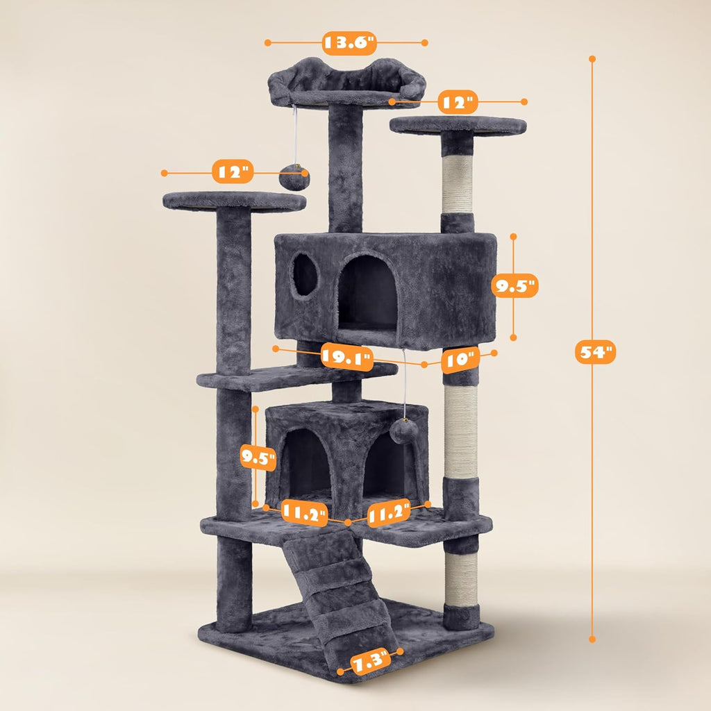  Gray 54In Cat Tree, Multi-Level Cat Tower with Spacious Kitten-Ear Perch, Scratching Posts, Climbing Ladder.