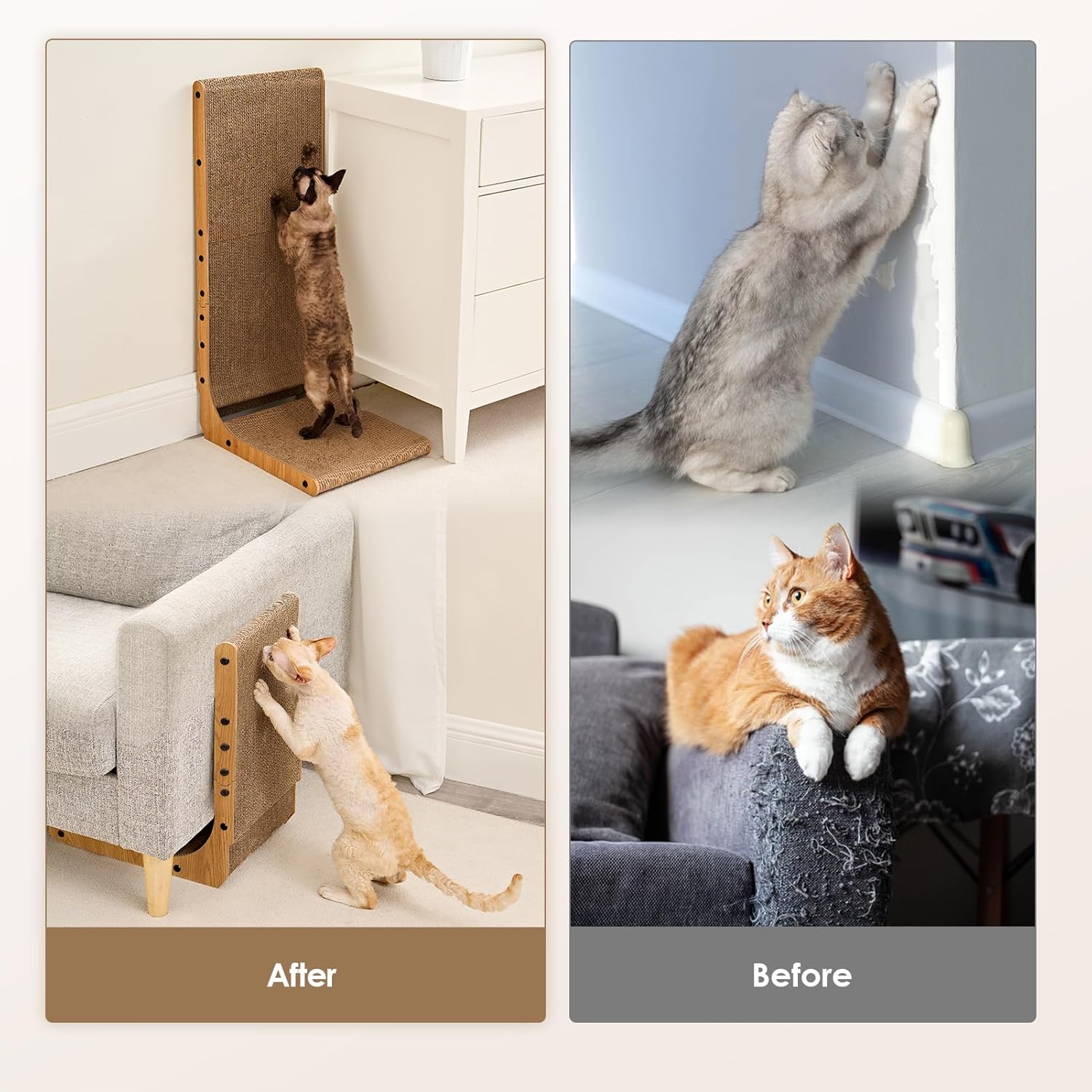 Cardboard Cat Scratcher for Indoor Cats, 26.8 Inch L Shaped Vertical Cat Scratching Board with Ball Cat Toy, Brown