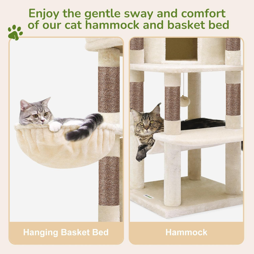 Corner Cat Tree, 51In Curved Series Modern Cat Tower for Indoor Cats with Hammock, 7 Sisal Scratching Posts for Large cats