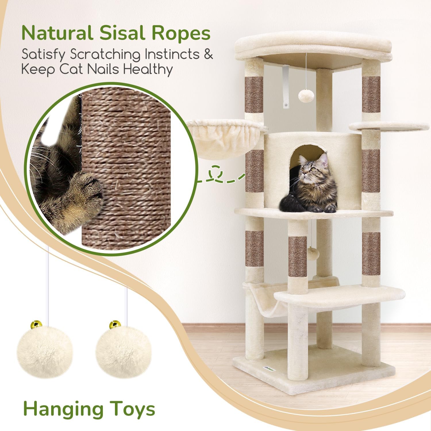 Corner Cat Tree, 51In Curved Series Modern Cat Tower for Indoor Cats with Hammock, 7 Sisal Scratching Posts for Large cats