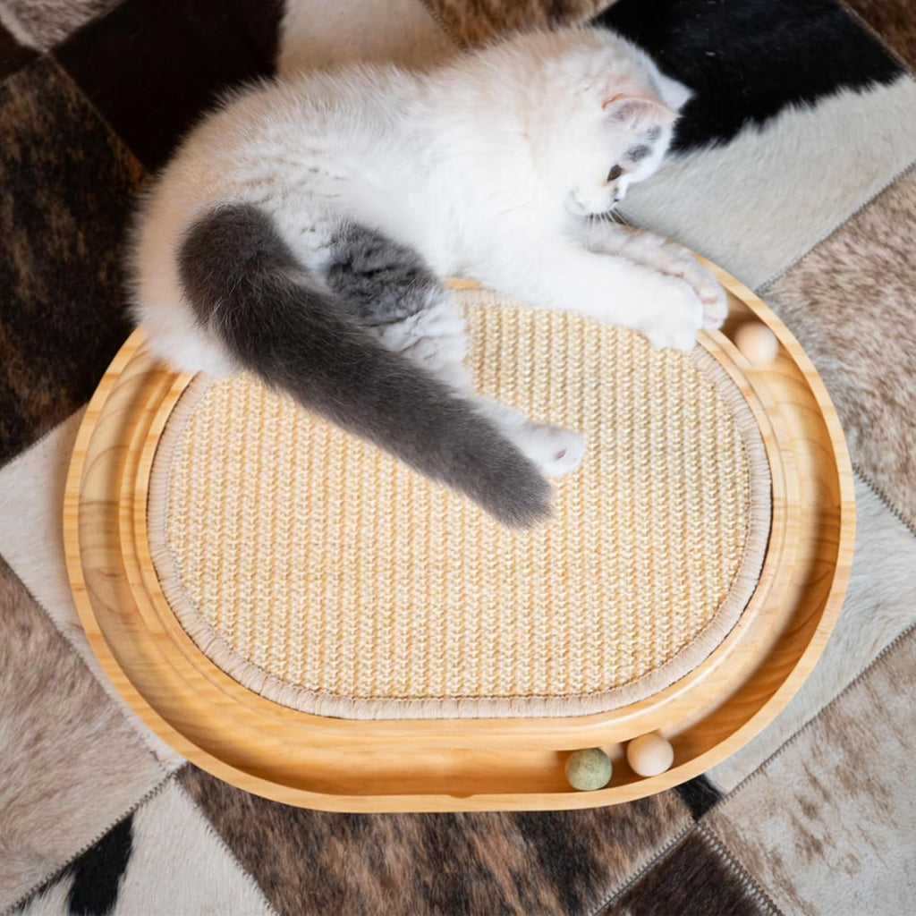Sisal Cat Scratcher Toy with Ball Track Wooden Interactive Cat Toy for Indoor Cats Scratch Pad, for Kitty and Medium Cat