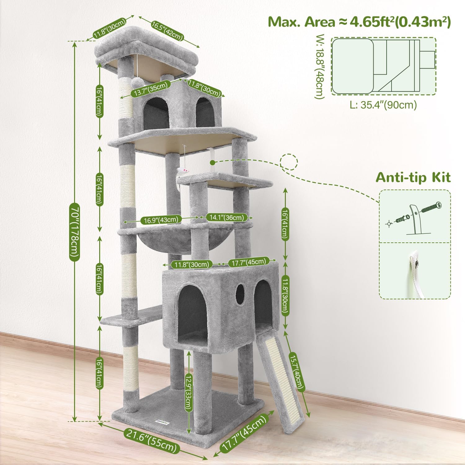 Heavy Duty Cat Tree, 70 Inch Sturdy Cat Tree for Indoor Cats Extra Large Cat Tower with Scratching Post, Light Grey