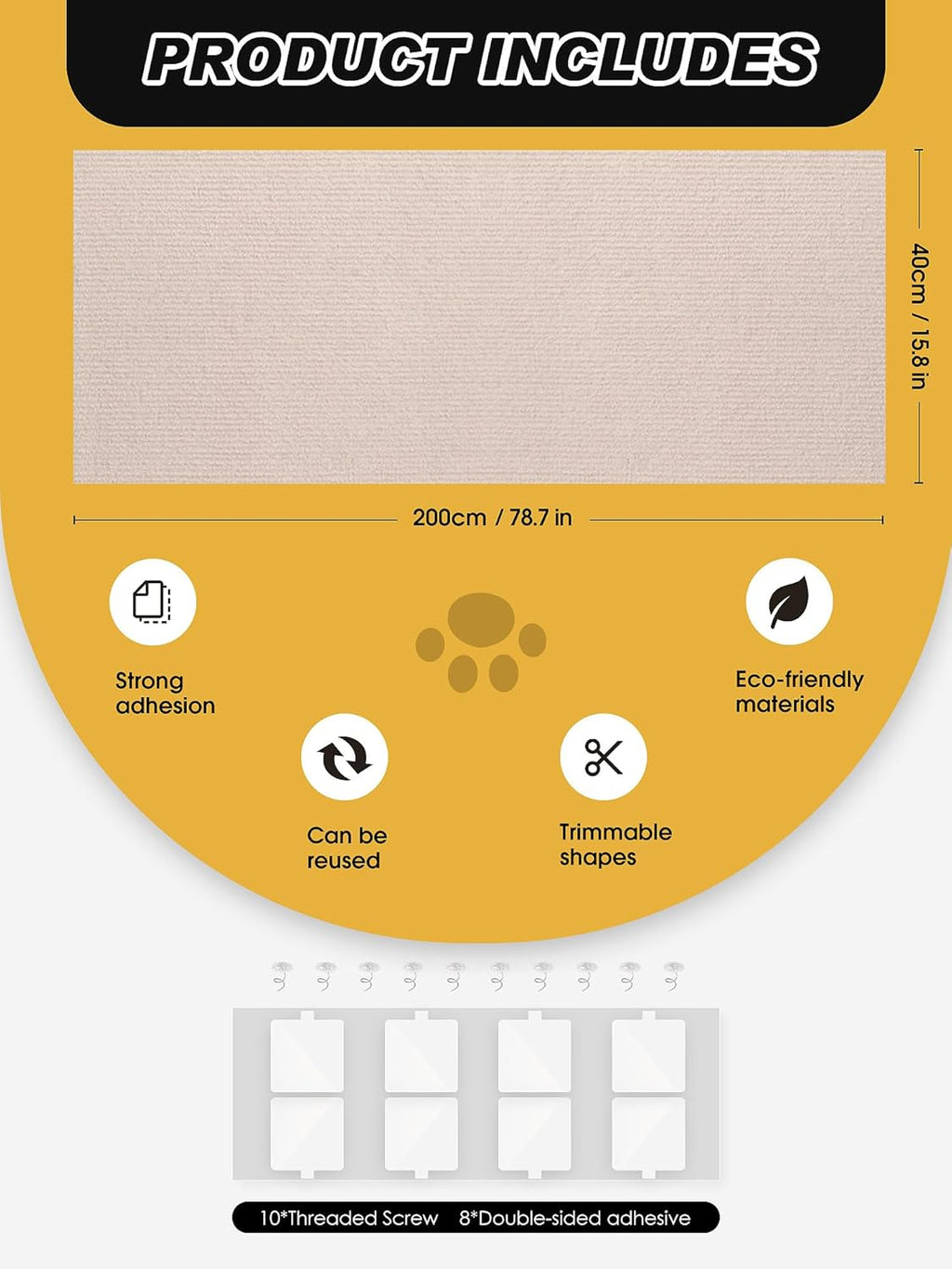 78.7"X15.8" Cat Scratch Mat, Trimmable Self-Adhesive Carpet, DIY Climb Cat Scratcher for Furniture Couch or Wall Protector, (Beige)