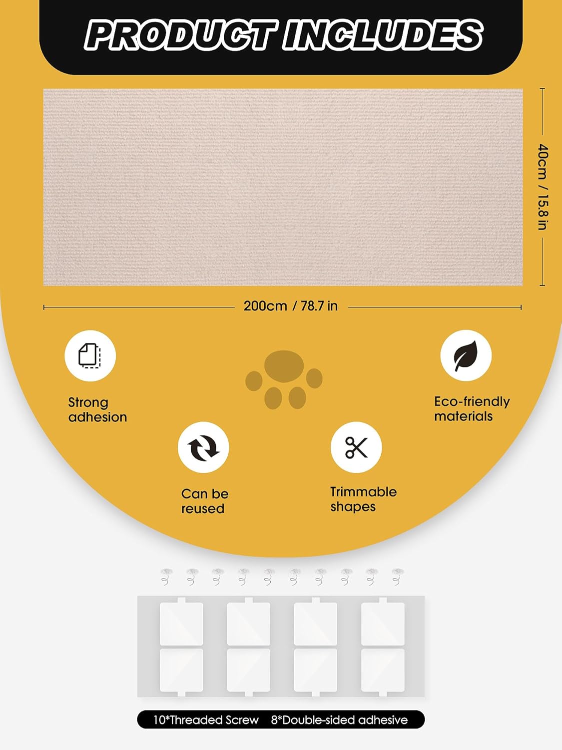 78.7"X15.8" Cat Scratch Mat, Trimmable Self-Adhesive Carpet, DIY Climb Cat Scratcher for Furniture Couch or Wall Protector, (Beige)