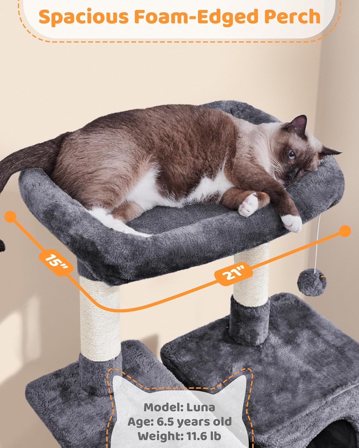 Large Multi-Level Cat Tree, 63 Inches Tall with Sisal-Covered Scratching Posts, Condo, and Hammock.